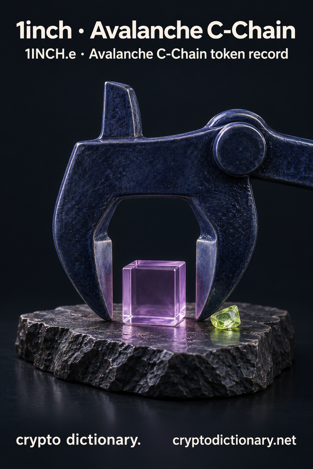 1inch · Avalanche C-Chain — original lilac glass name-inspired sculpture with accurate 1INCH.e token record caption.