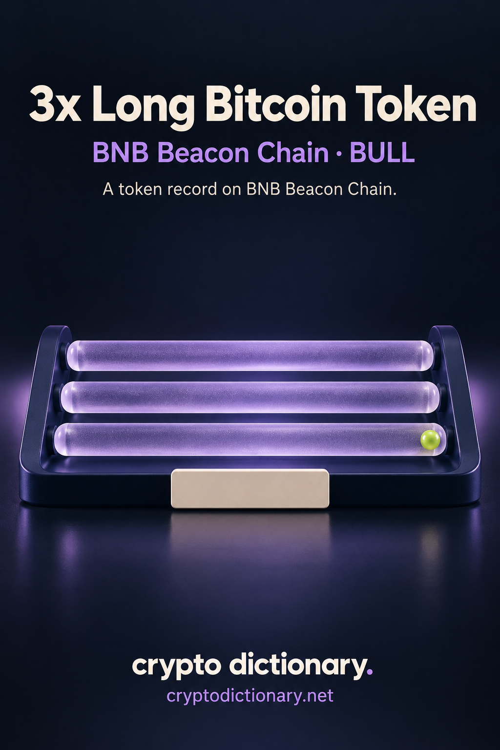 3x Long Bitcoin Token on BNB Beacon Chain, ticker BULL: three equal-length lilac glass rods lying horizontally with a blank registry tab.