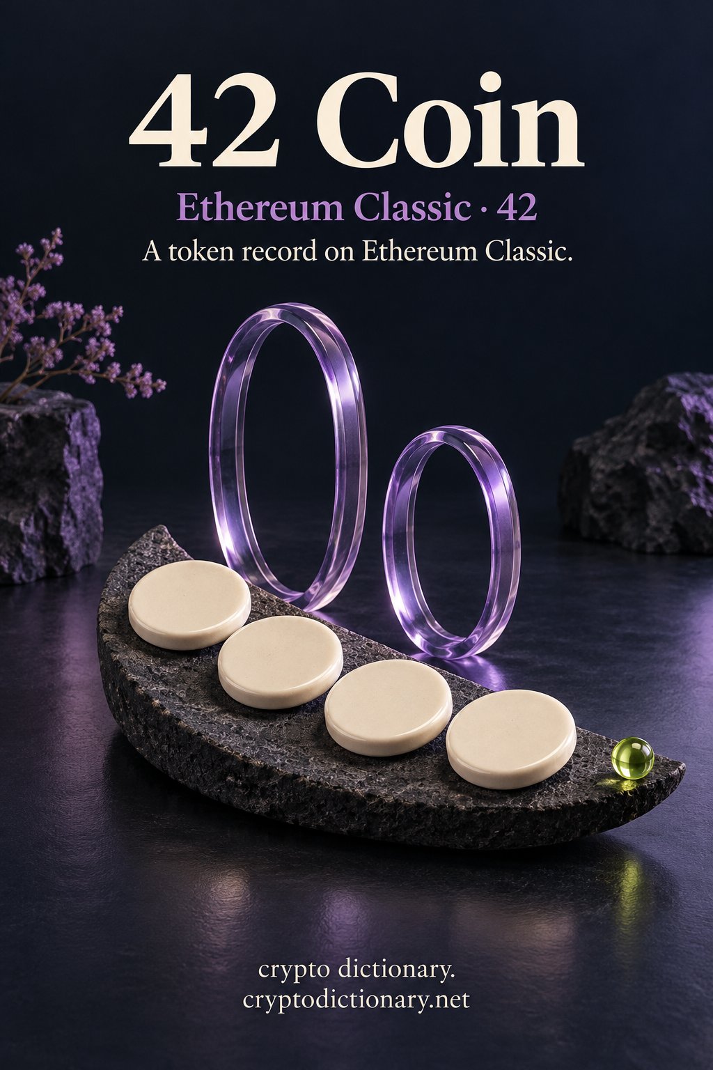 Four blank ivory ceramic disks rest on a basalt crescent tray before two lilac glass hoops and a lime bead, labeled 42 Coin and Ethereum Classic · 42.