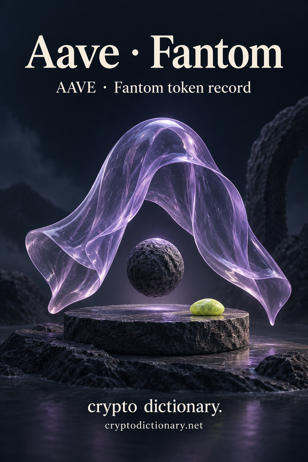 Aave · Fantom — original lilac glass name-inspired sculpture with accurate AAVE token record caption.