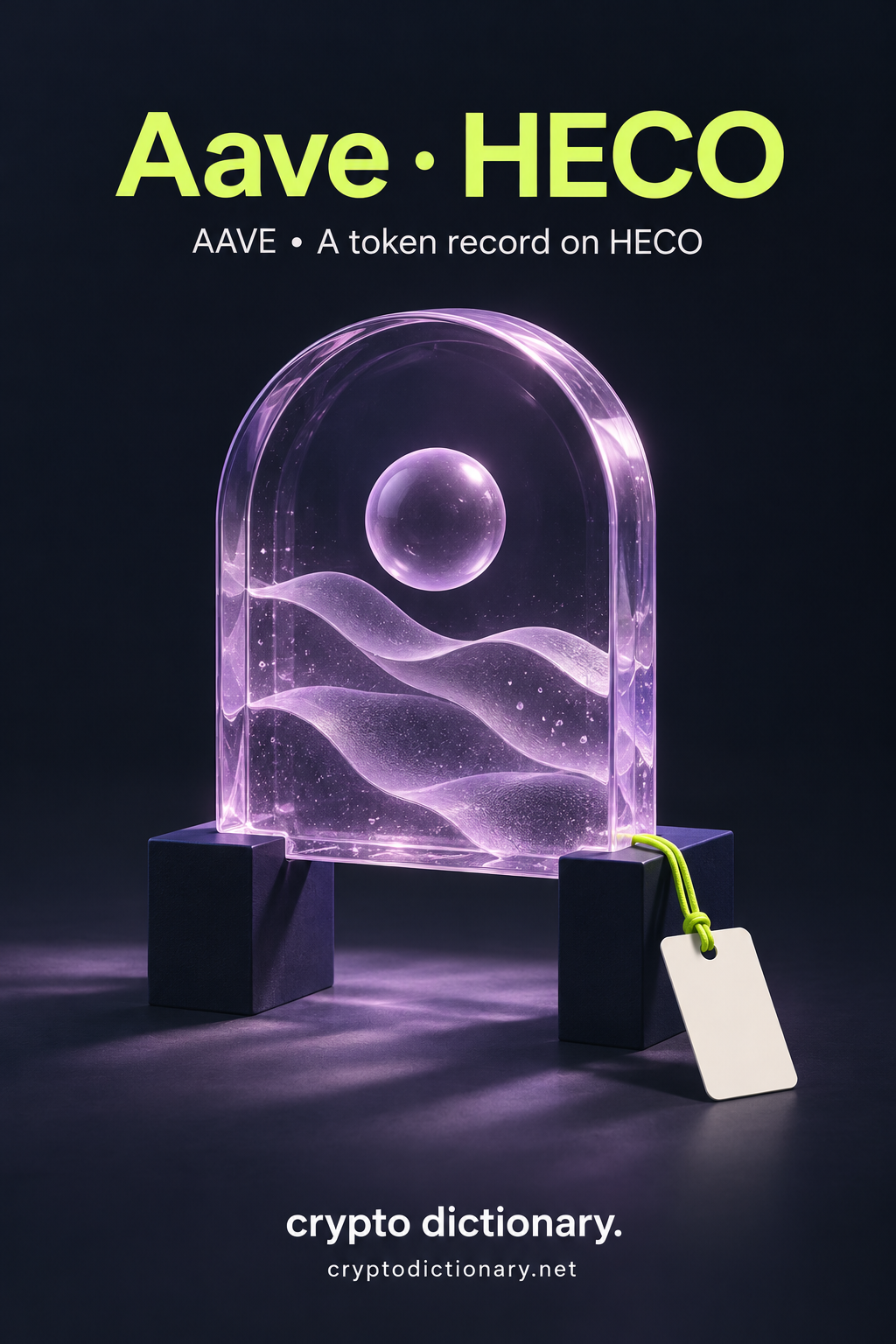 A lilac arched glass specimen rests on navy museum supports beside a blank catalogue tag.