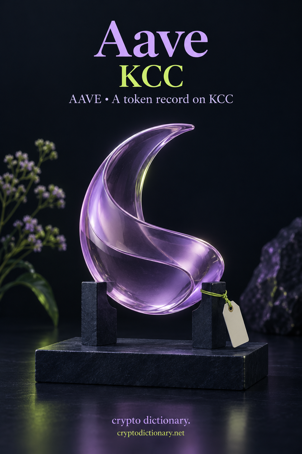 A lilac folded glass specimen with a blank tag illustrates the Aave token record on KCC.