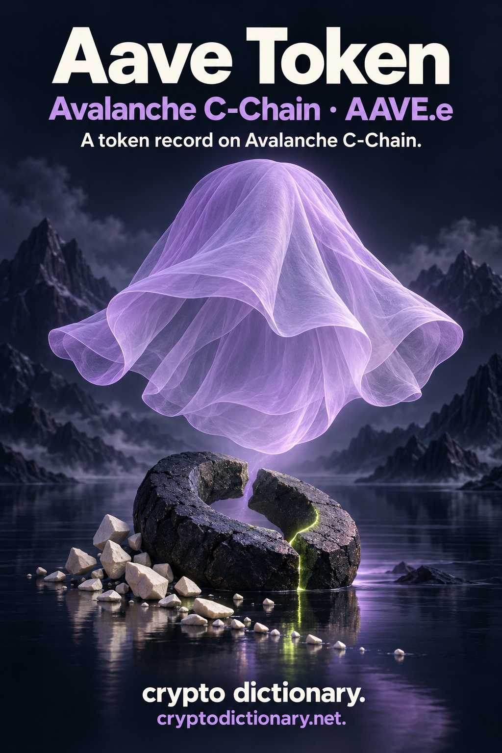 A translucent lilac veil floats above a broken basalt ring with a lime seam and ivory pebbles, labeled Aave Token and Avalanche C-Chain · AAVE.e.