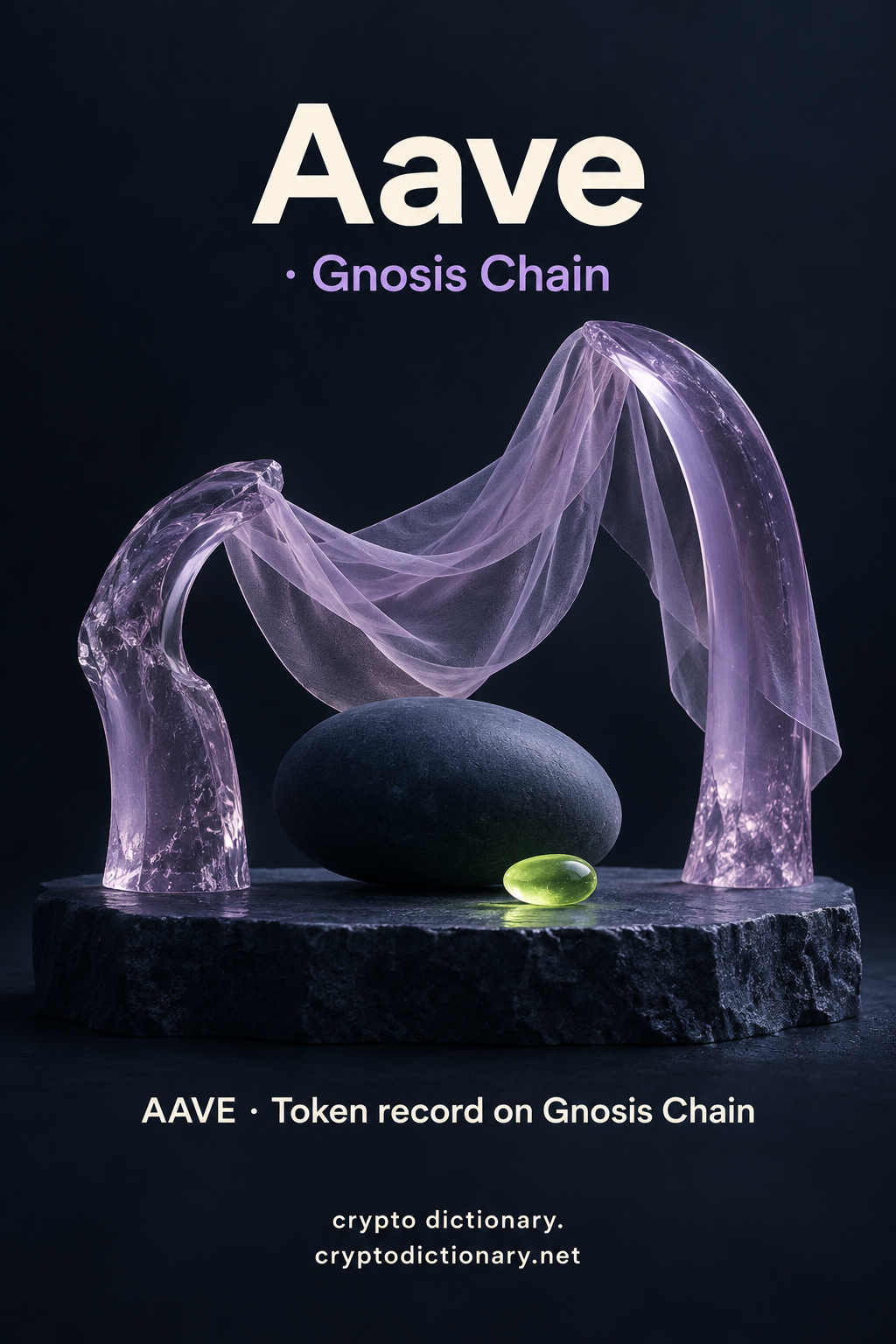 Aave on Gnosis Chain registry illustration with lilac glass arches and a draped veil.