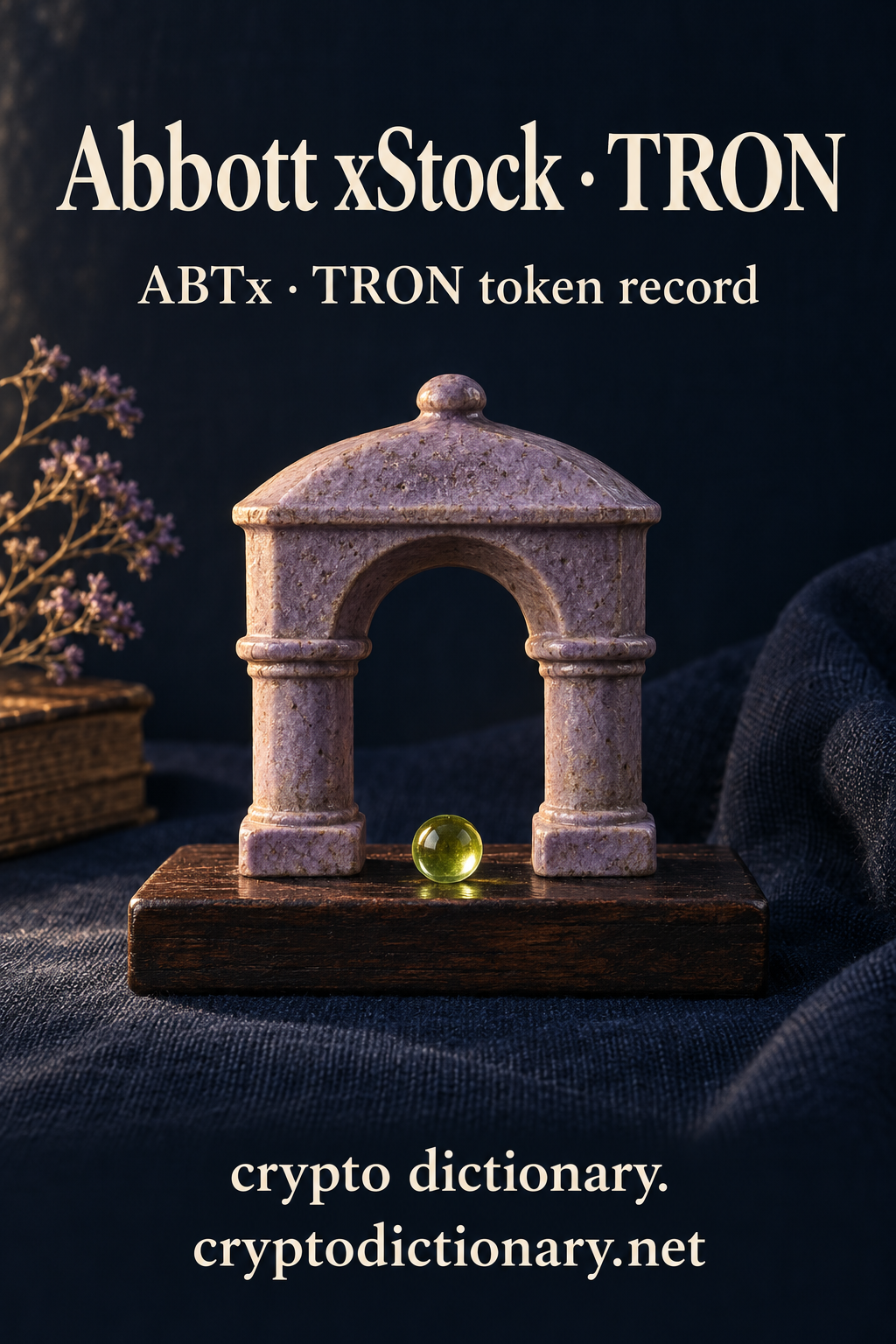 Lilac ceramic rounded arch and pillars on a wooden plinth, illustrating the Abbott xStock registry name on TRON.