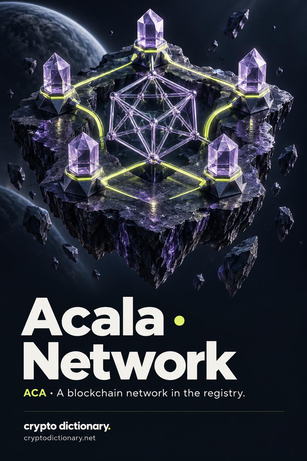 Acala · Network: editorial glass node architecture represents the Acala network registry entry, identified by its ACA ticker.