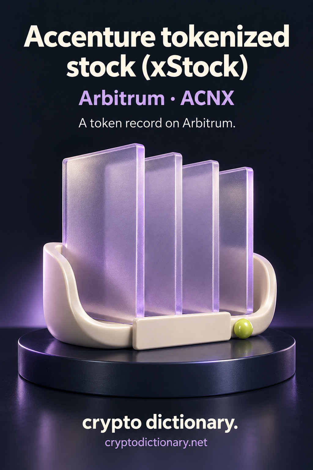 Accenture tokenized stock (xStock) on Arbitrum, ticker ACNX: four blank lilac glass leaves in an ivory catalogue cradle.
