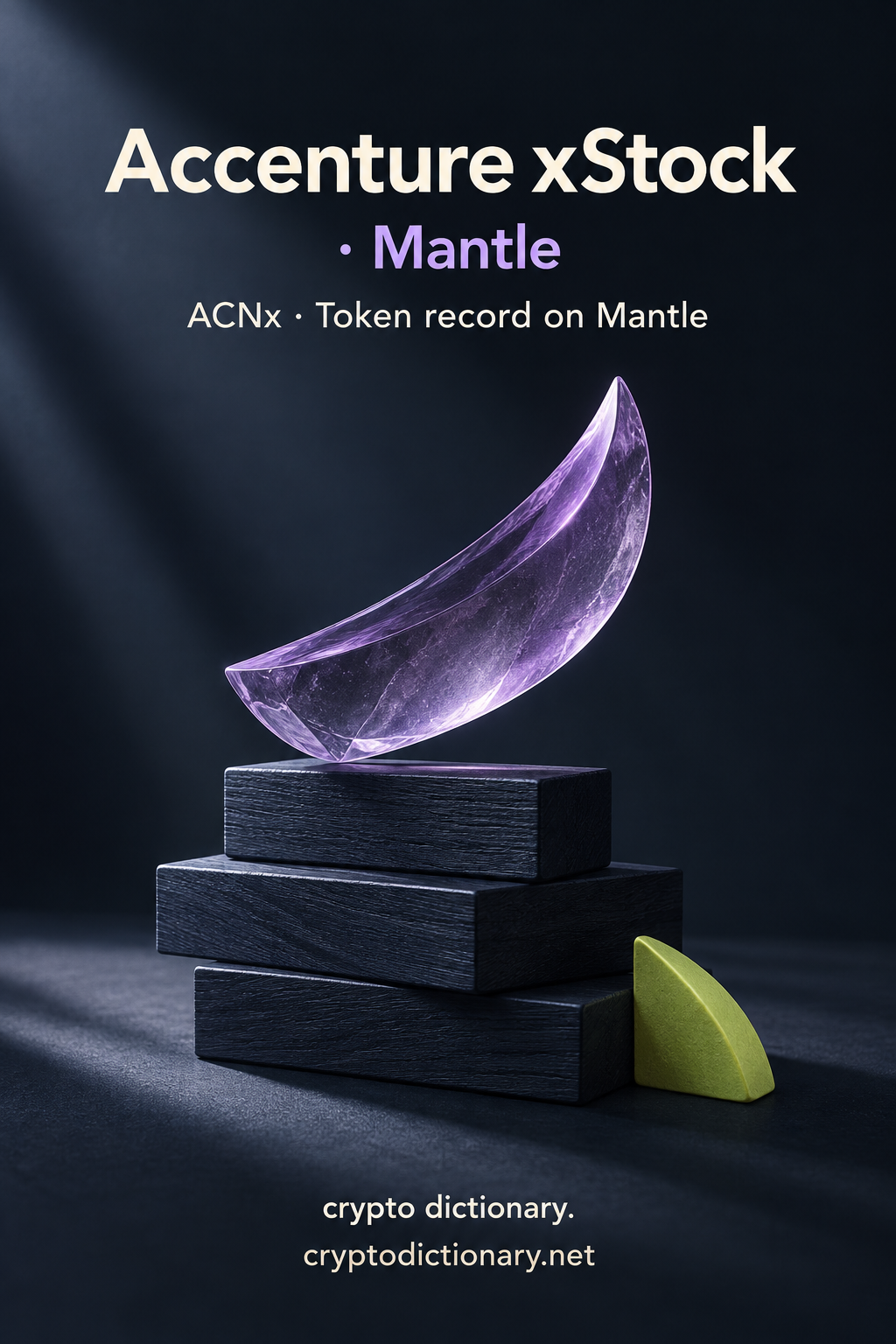 Accenture xStock on Mantle registry illustration with a lilac accent-shaped sculpture above dark wooden stock.
