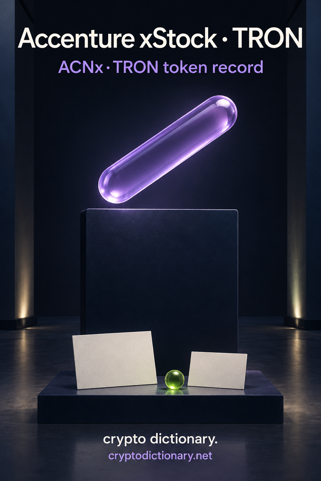 Accenture xStock · TRON above a floating lilac accent bar, blank navy tablet, plain archival cards and a lime bead.