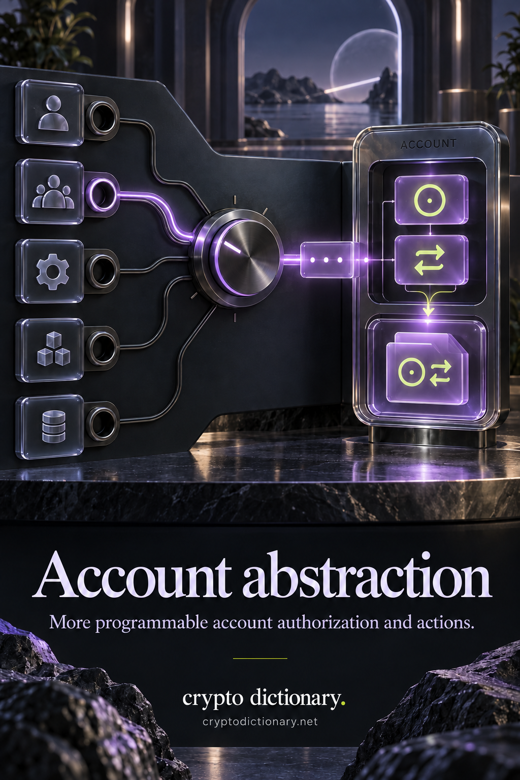Configurable glass account console routes a selected multiple-signer input through a rule strip and combines an authorization ring action with a swap action into one account-operation folder.