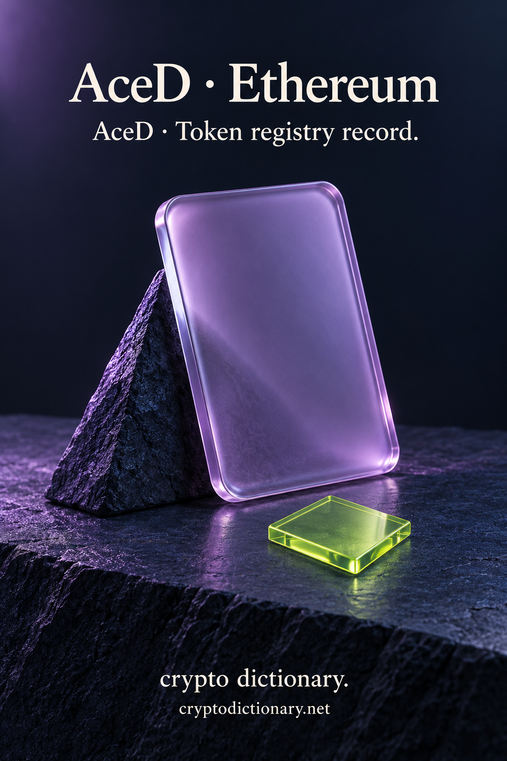 AceD on Ethereum illustrated by an original blank lilac glass card sculpture beside a lime diamond on dark stone, with neutral AceD registry caption.