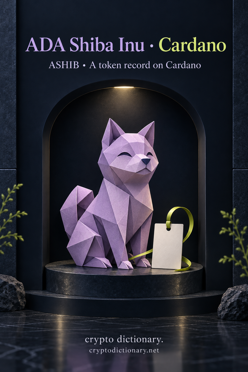 An original folded lilac paper dog sits in a navy catalogue niche beside a blank lime-tied identity tag.