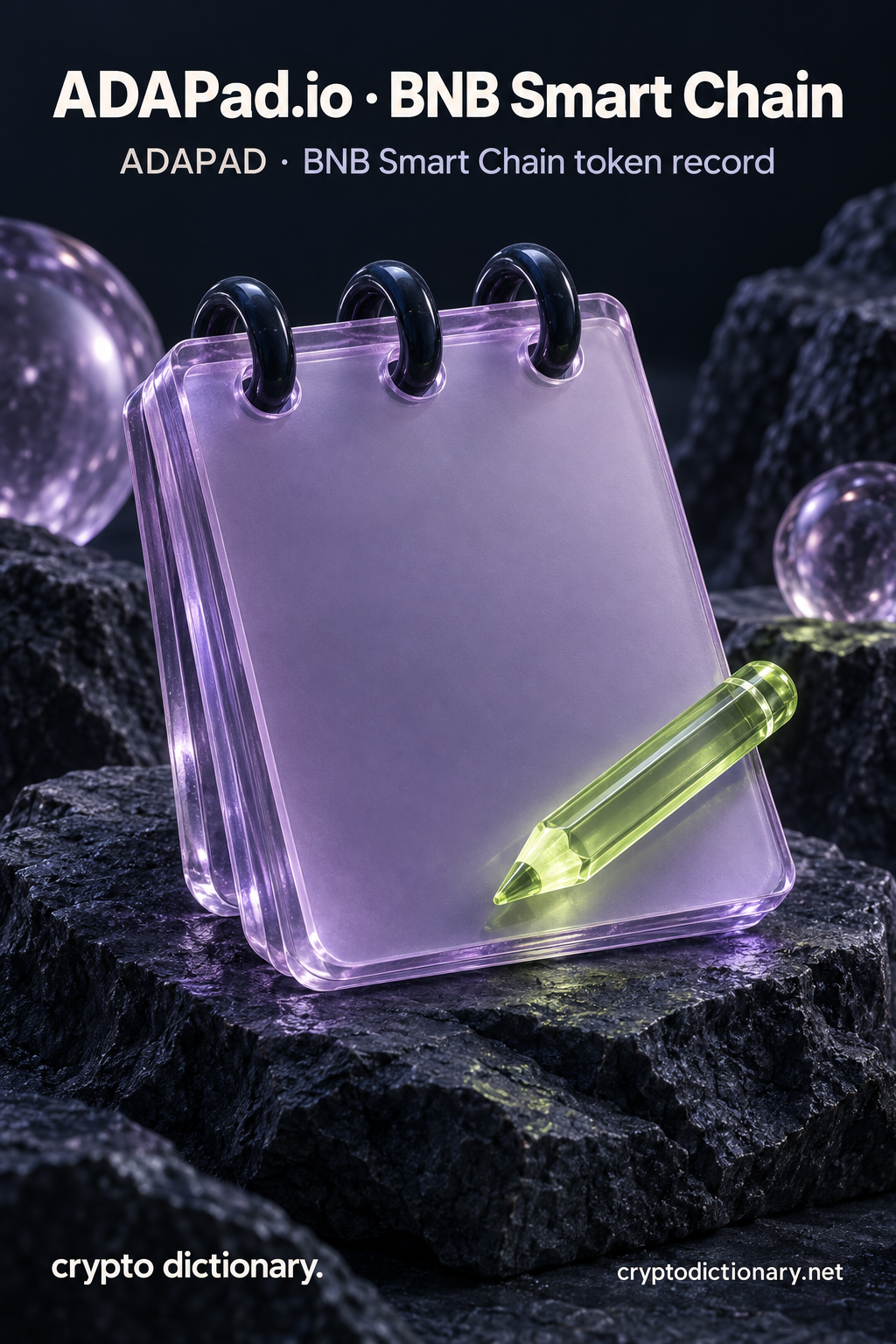 ADAPad.io · BNB Smart Chain — original lilac glass name-inspired sculpture with accurate ADAPAD token record caption.