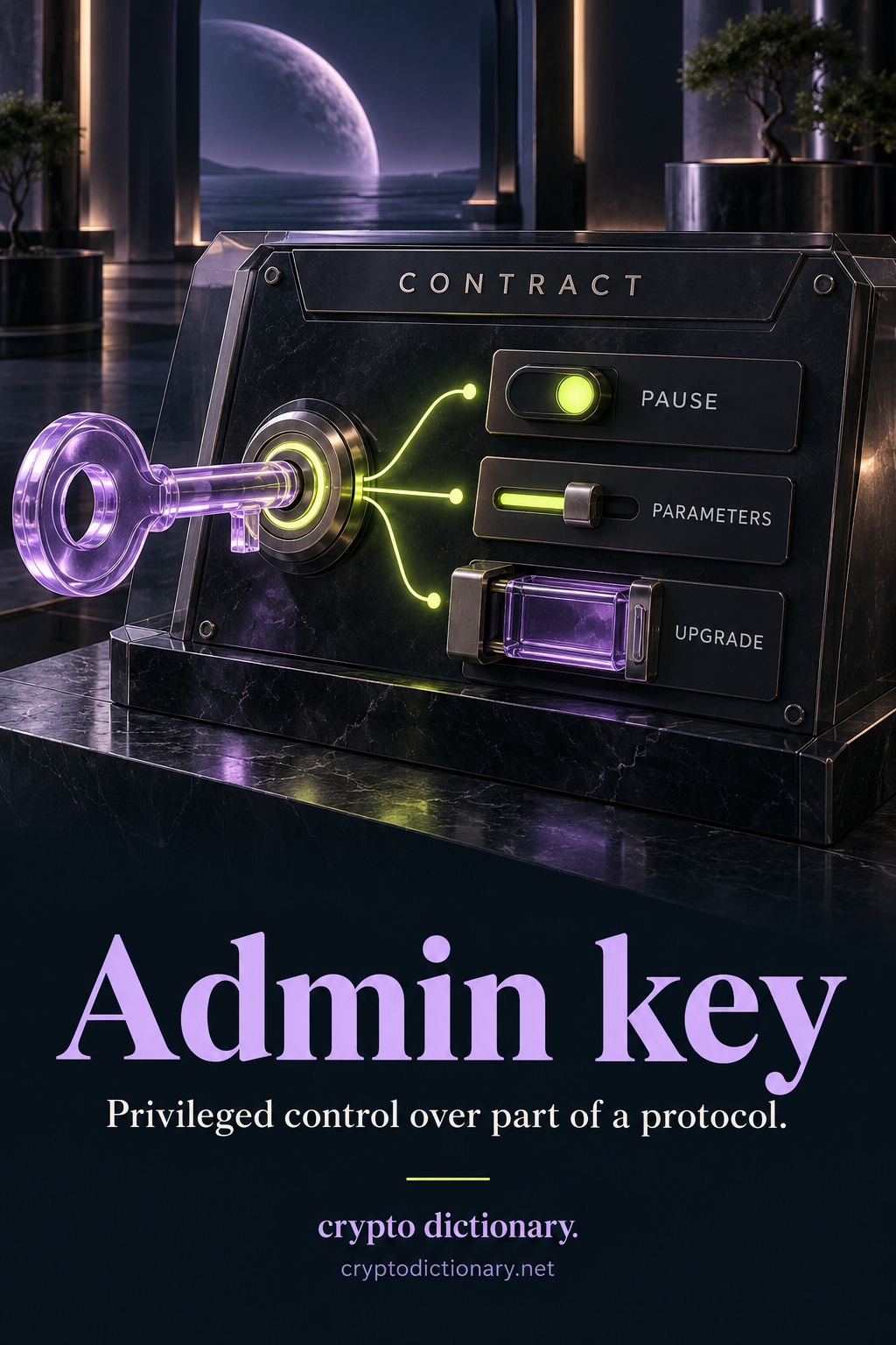 A symbolic lilac authorization key controls a CONTRACT panel with PAUSE, PARAMETERS and replaceable UPGRADE cartridge.
