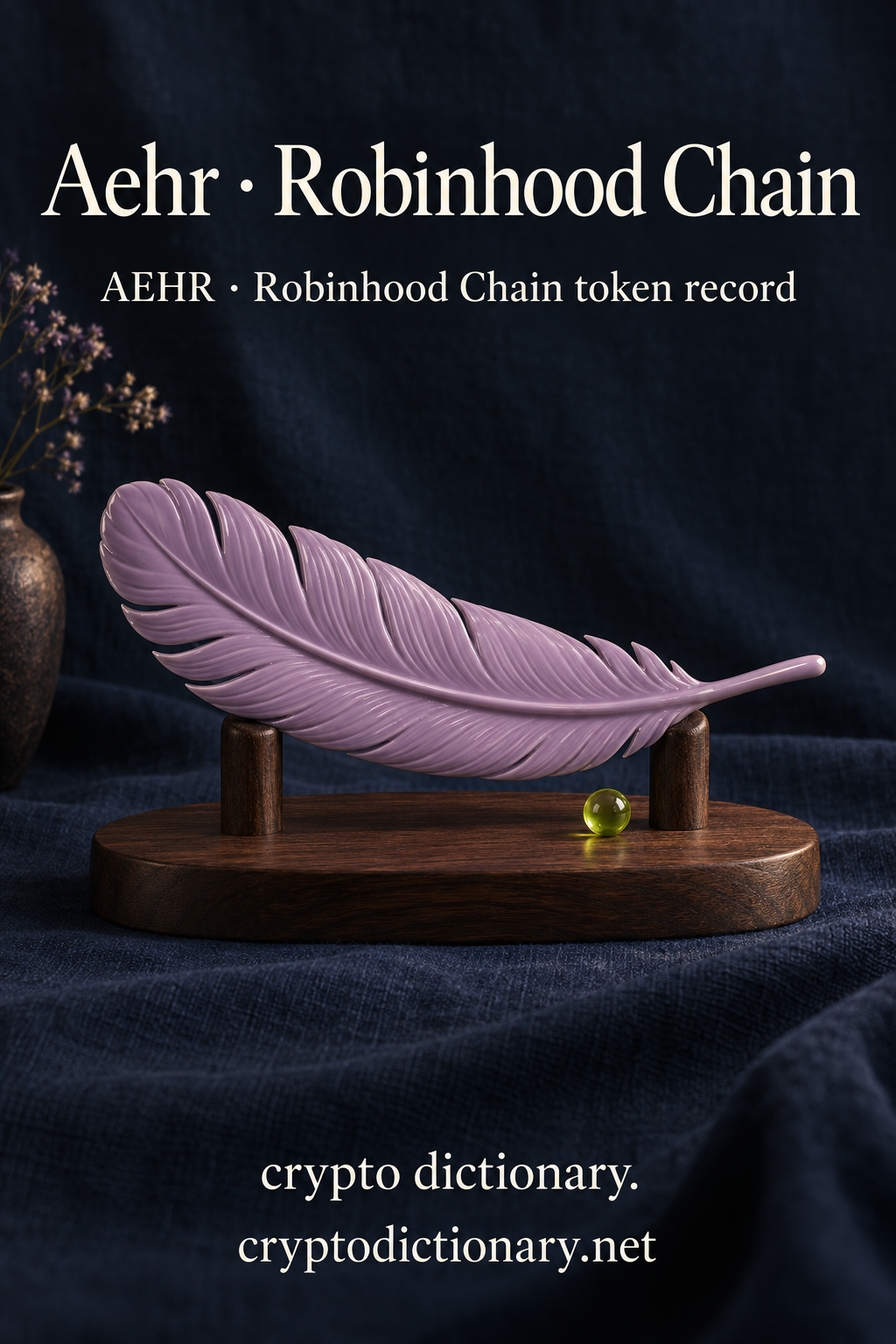 Lilac ceramic feather on two wooden posts and an oval plinth, illustrating the Aehr registry name on Robinhood Chain.