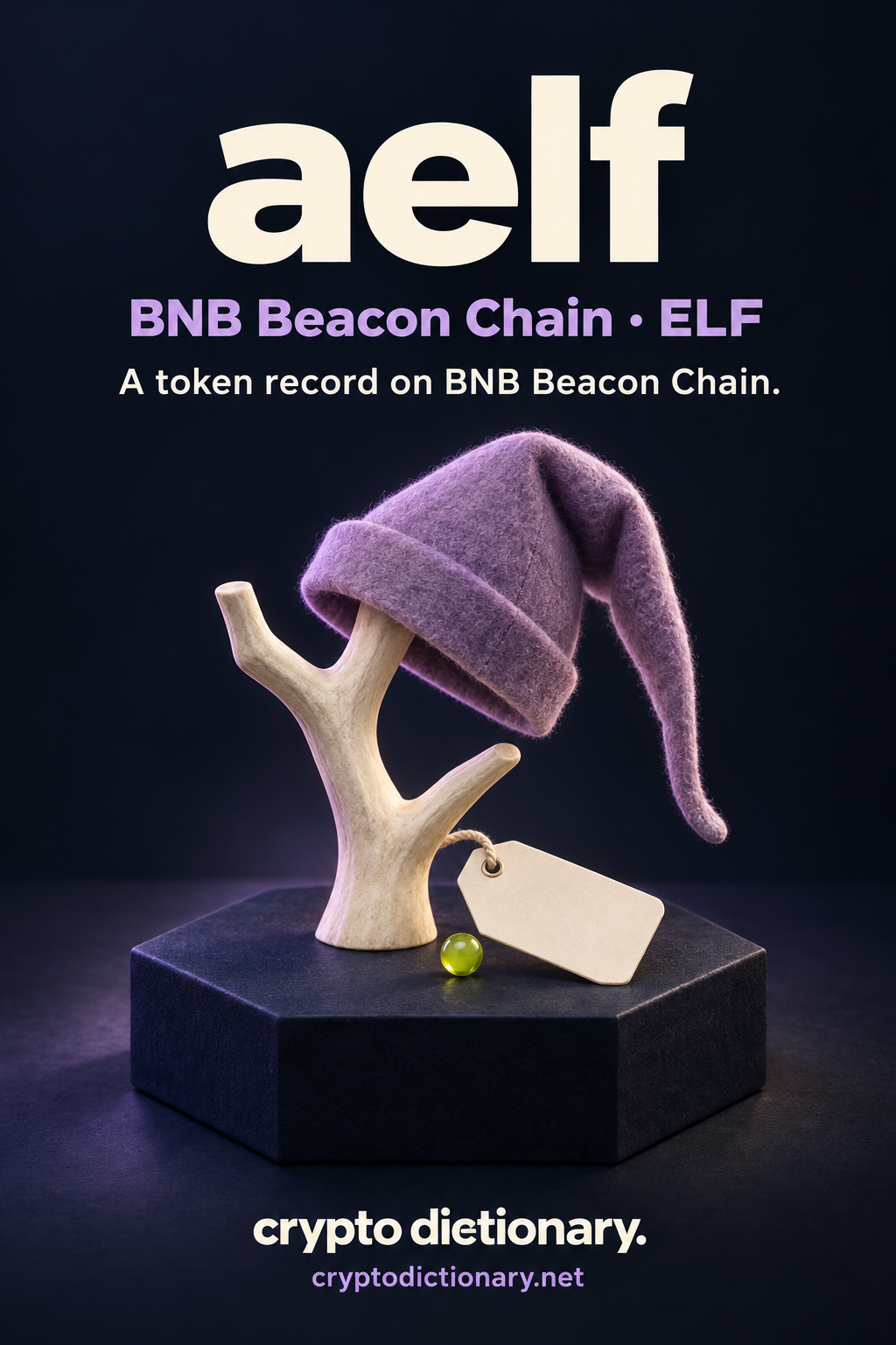 aelf on BNB Beacon Chain, ticker ELF: a lilac felt pointed bonnet on an ivory forked branch-shaped stand with blank registry tag and lime bead.