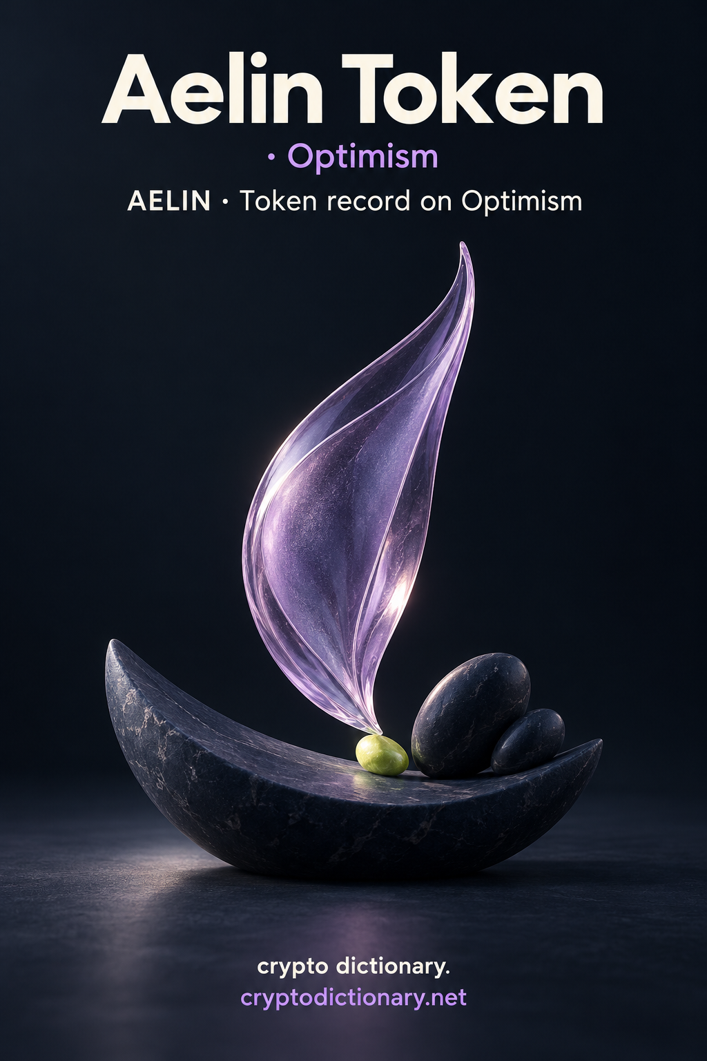 Aelin Token on Optimism registry illustration with a lilac glass sail and crescent-shaped navy stone.