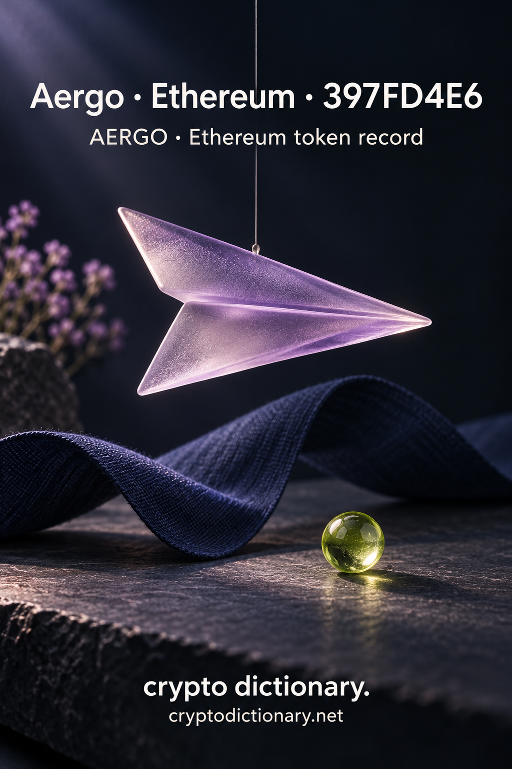 A lilac frosted-glass glider sculpture hangs above a bent navy textile ribbon and lime bead; Aergo · Ethereum · 397FD4E6 token registry artwork.