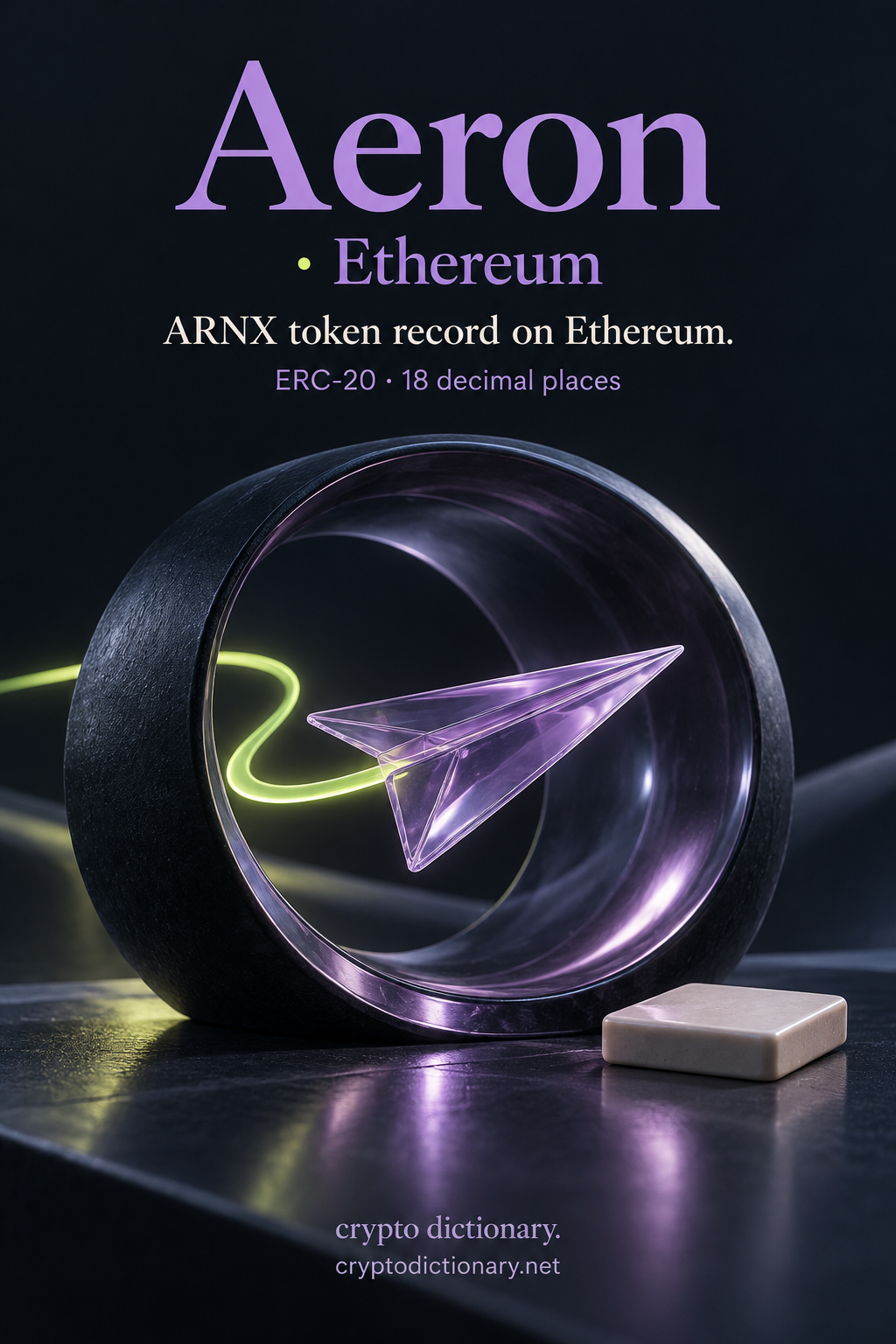 Glass paper airplane within a hollow ring, illustrating the Aeron ARNX ERC-20 token record on Ethereum.