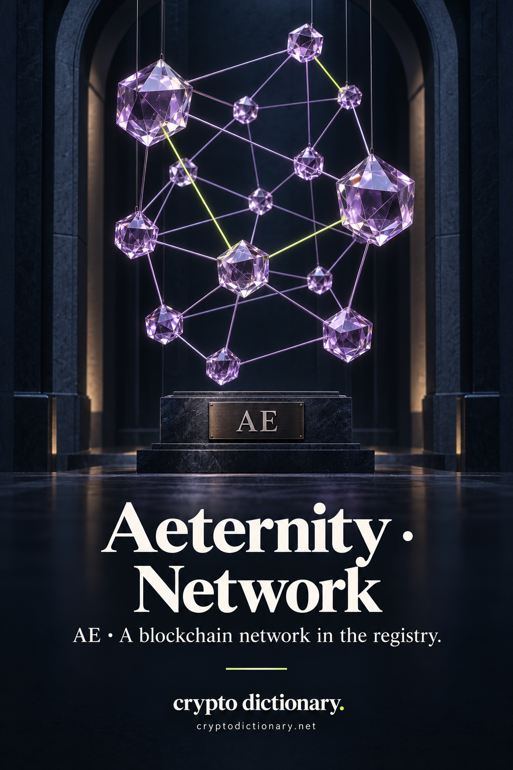 Aeternity · Network: a sculptural tapestry of linked lilac glass nodes above an AE identity plaque in a deep navy alcove.