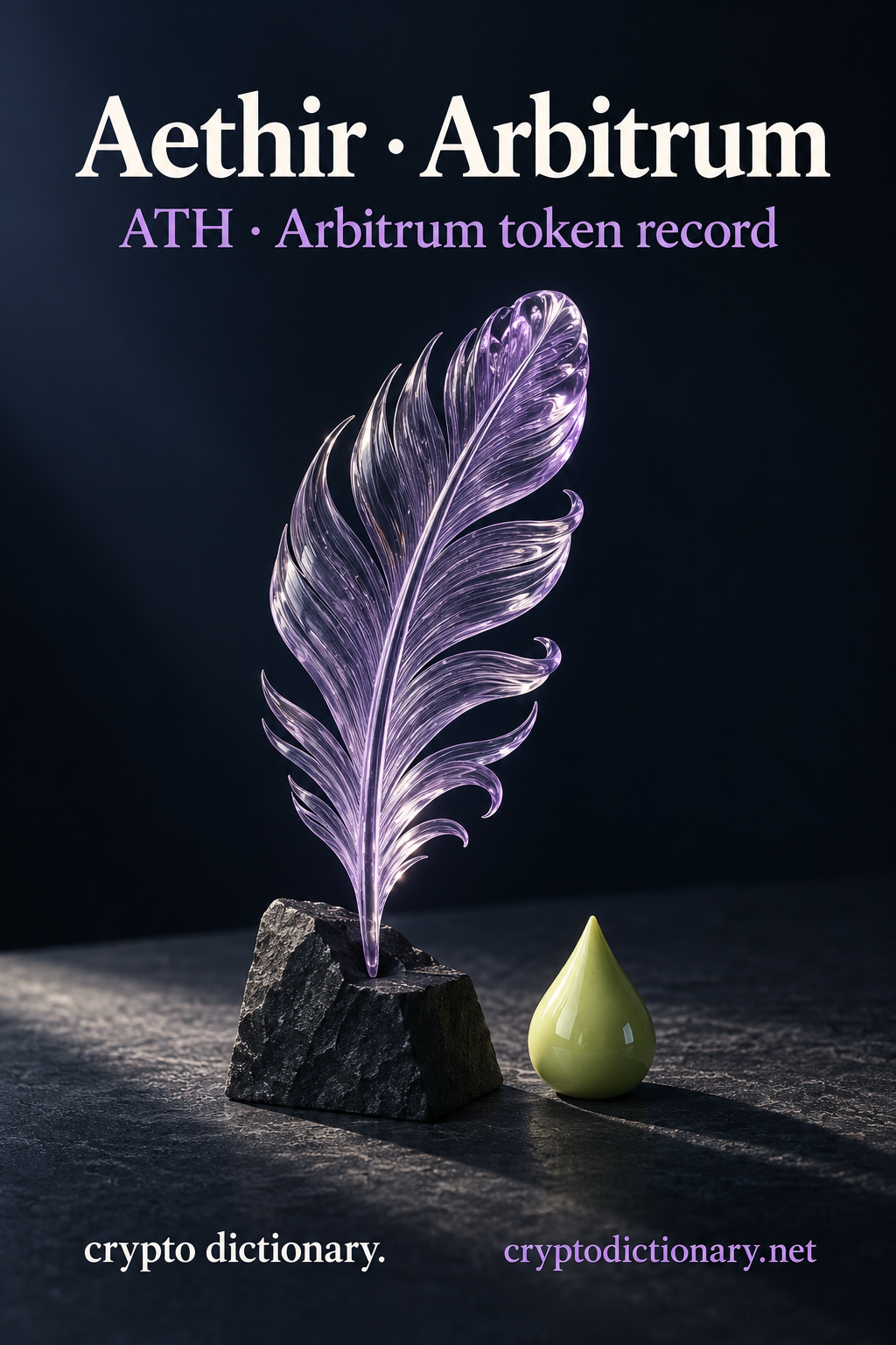 A clear lilac glass feather in a dark stone notch beside a lime ceramic droplet, beneath Aethir · Arbitrum and ATH token-record caption.