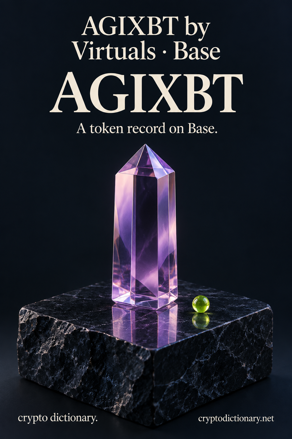 AGIXBT by Virtuals · Base (AGIXBT) illustrated through an original physical name mnemonic; a token record on Base.