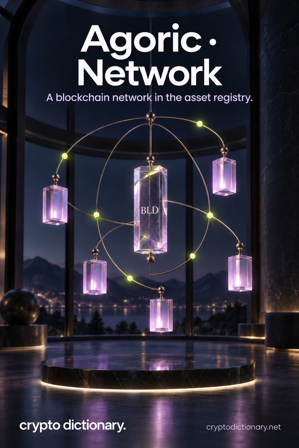 Agoric network registry illustration: a suspended lilac node mobile surrounds a BLD identity prism, on deep navy.