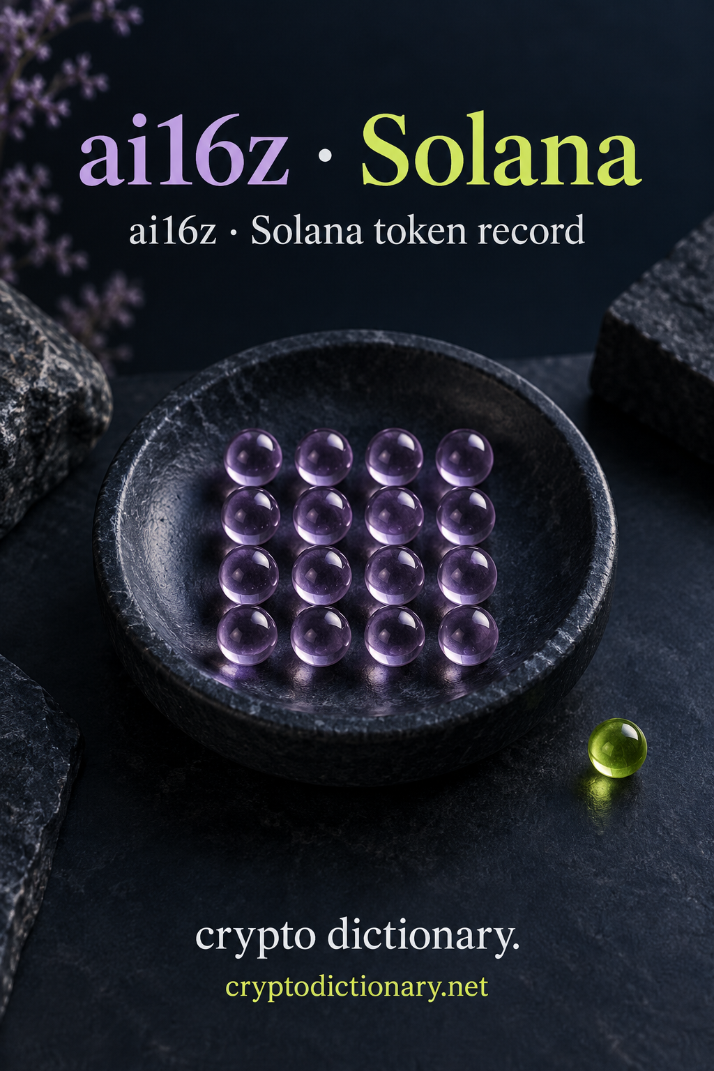 Sixteen lilac glass beads in a navy bowl illustrate ai16z, a token record on Solana.