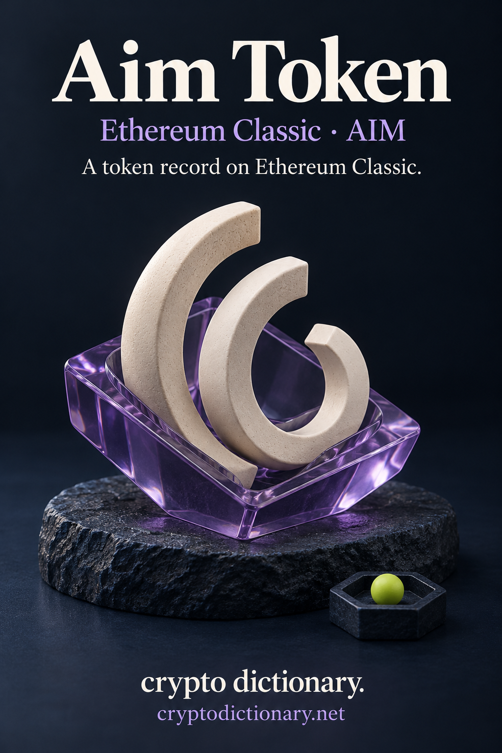 Aim Token record on Ethereum Classic: nested blank ceramic arcs in a lilac glass cradle on basalt with a lime sphere locator.