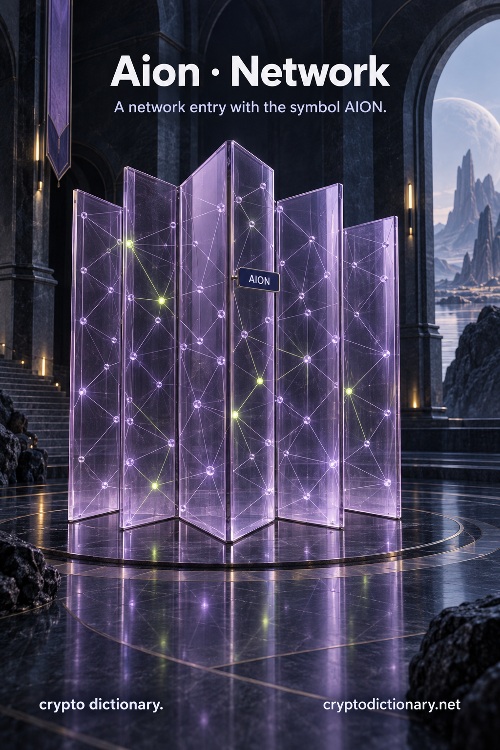 Aion network registry: connected nodes stretch across folding lilac glass panels, labelled AION in a navy atrium.