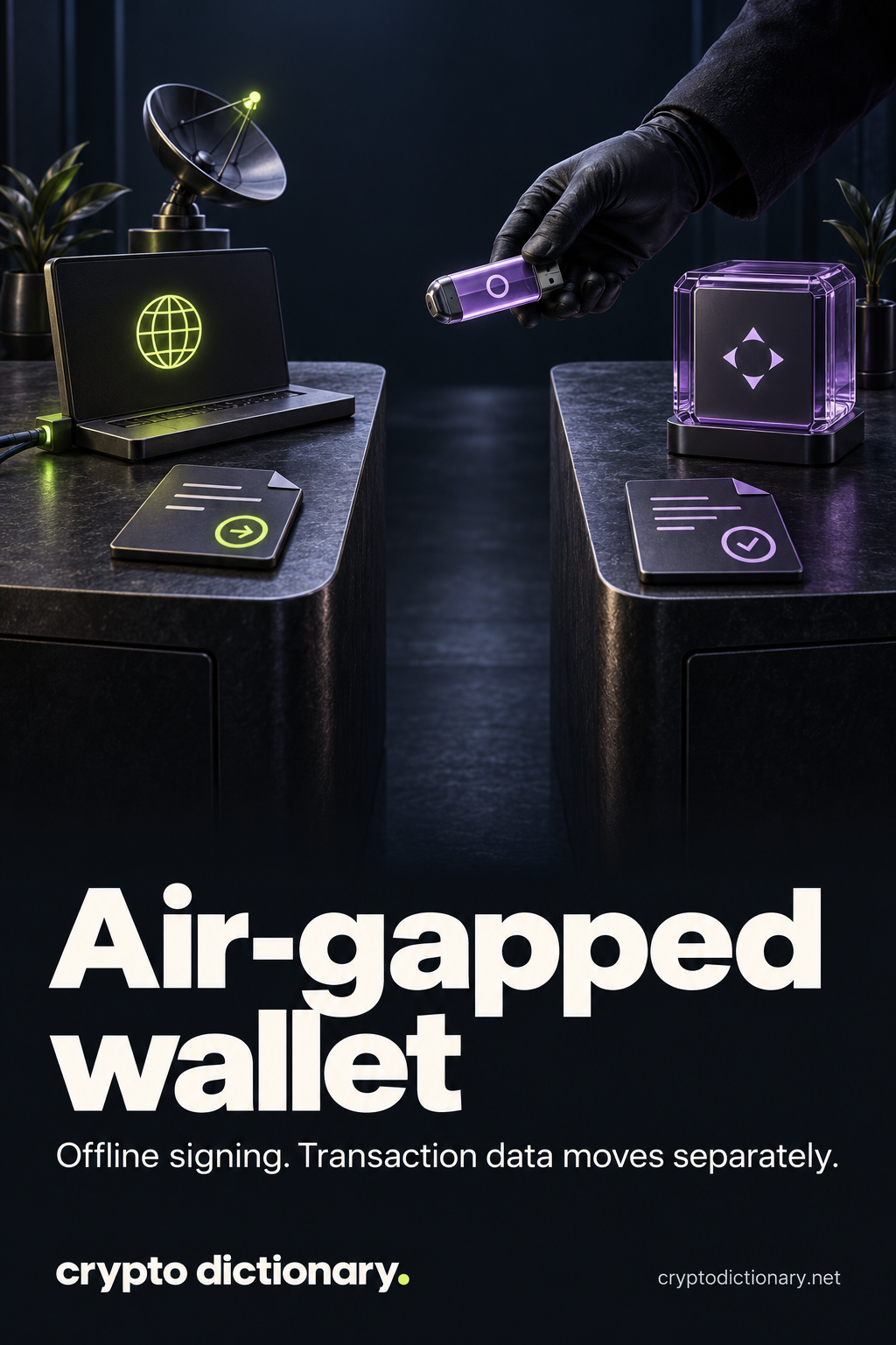 A gloved hand carries removable transaction storage across a visible gap between a networked preparation laptop and an offline signer.