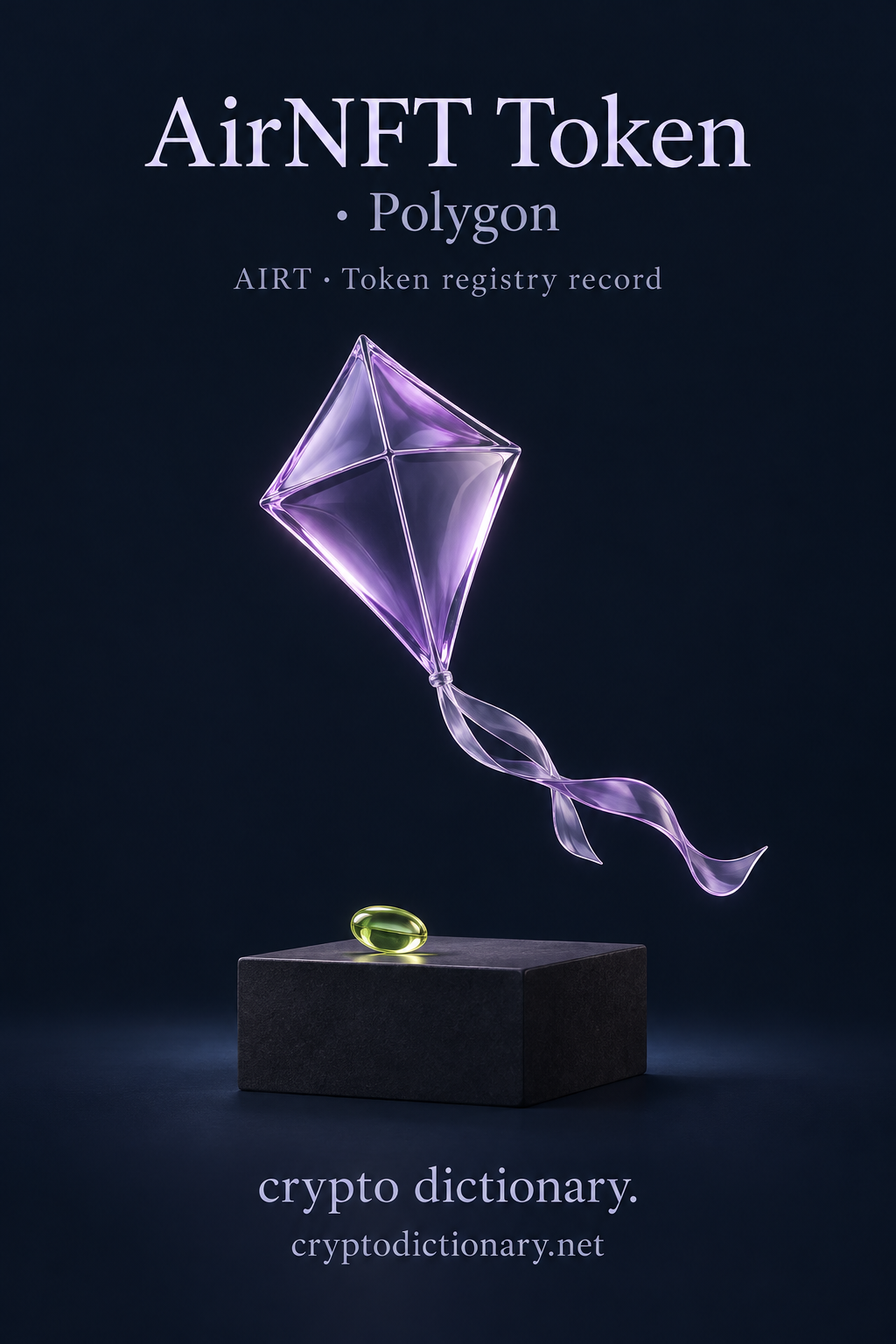 AirNFT Token on Polygon: a blank lilac glass kite with ribbon tail above a charcoal plinth and lime oval, with AIRT token registry caption.