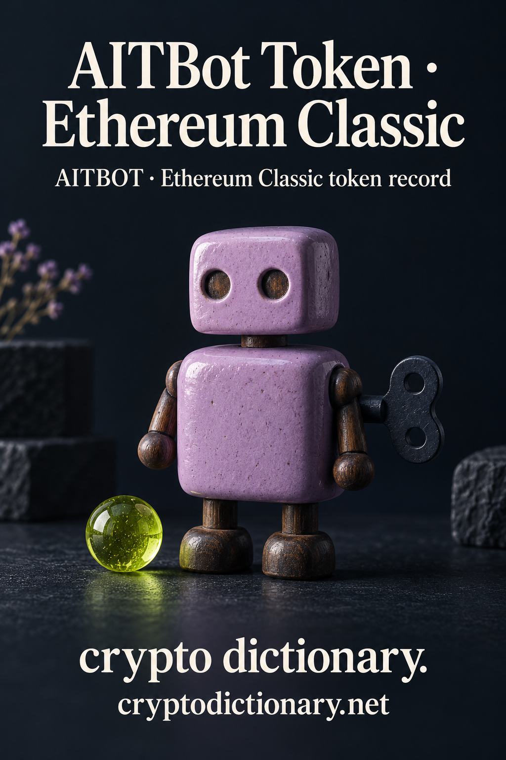 Lilac ceramic toy robot with wooden limbs and wind-up key for AITBot Token on Ethereum Classic with AITBOT registry caption.