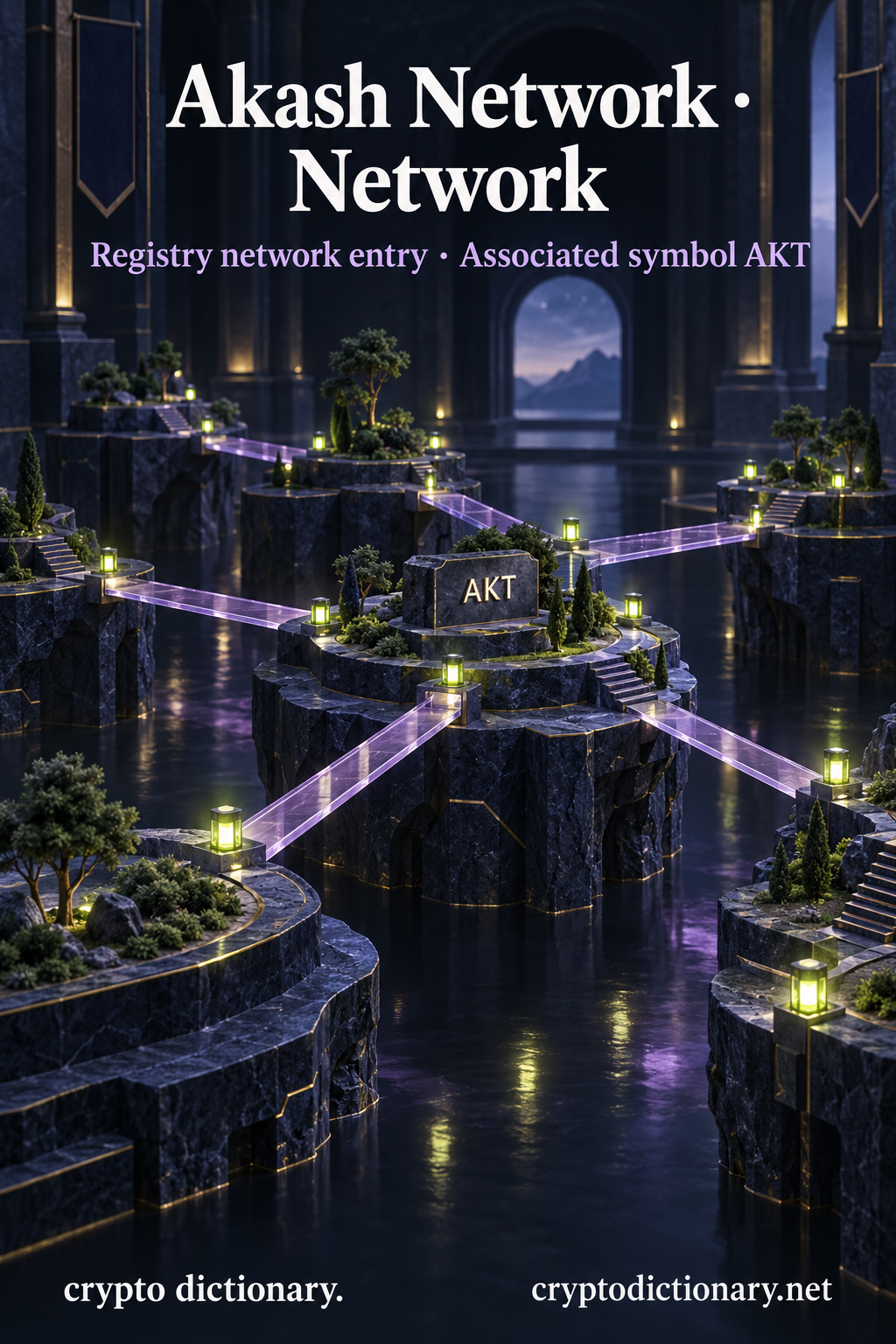 Akash Network registry entry: terraced dark node islands linked by lilac glass paths around an AKT identity tile.