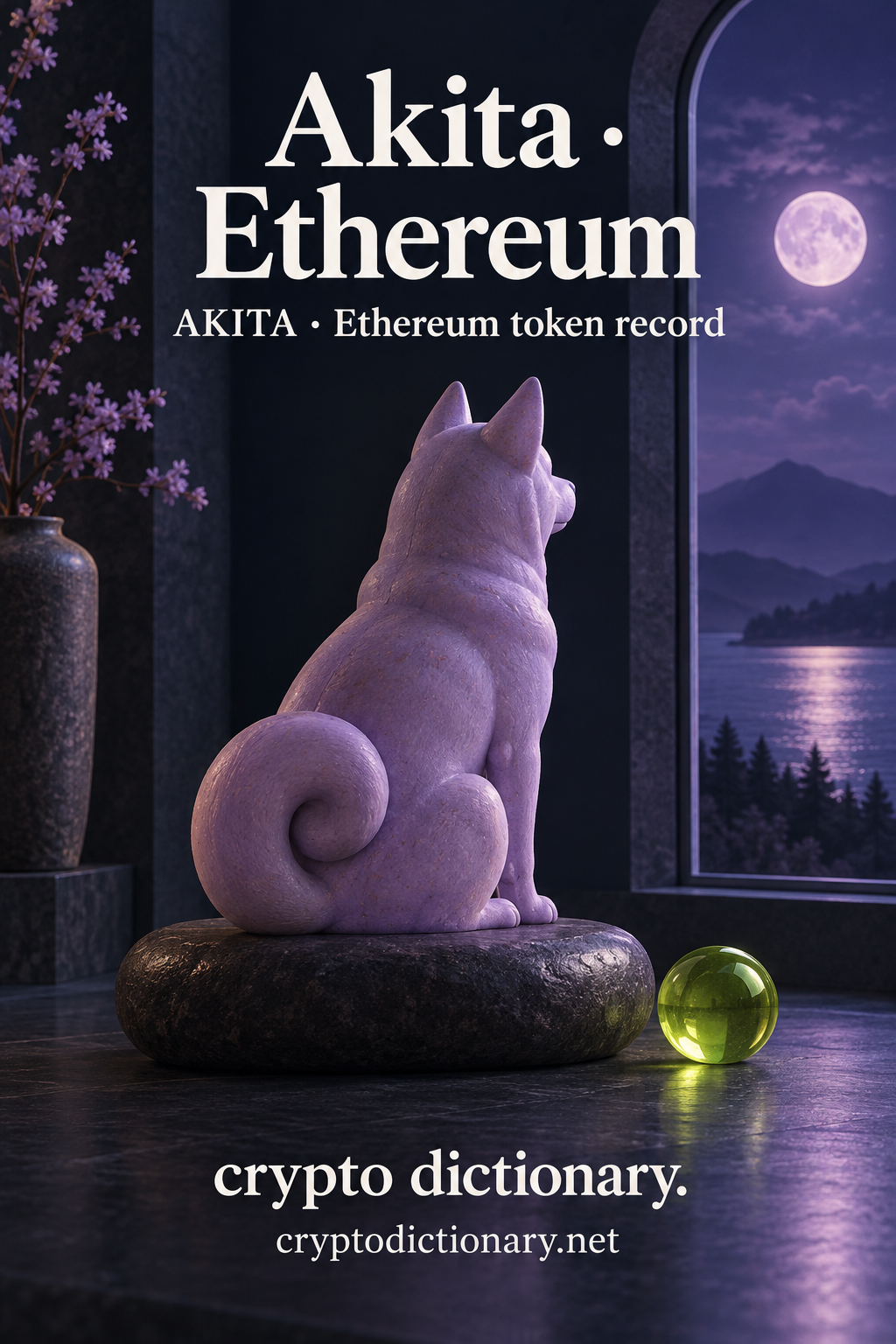 A lilac ceramic spitz-type dog viewed from behind on a stone cushion, curled tail, lime glass ball and moonlit navy window; Akita · Ethereum registry artwork.