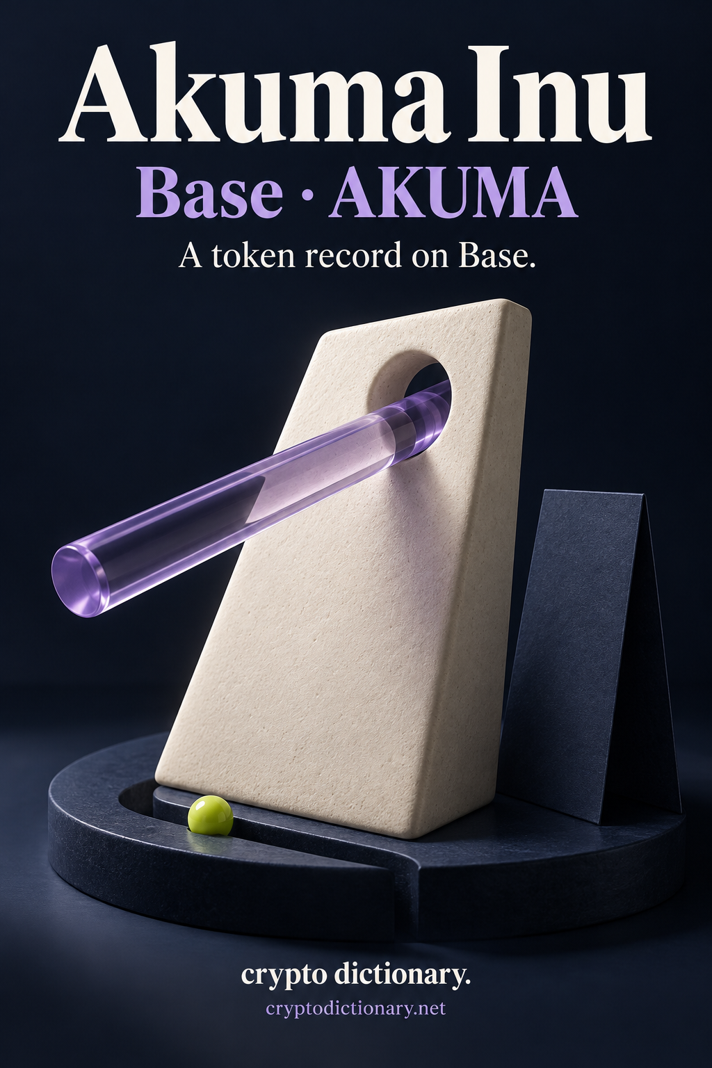 An ivory trapezoid with a circular aperture holding a lilac rod on a navy grooved plinth with a lime index bead, labelled Akuma Inu, Base and AKUMA.