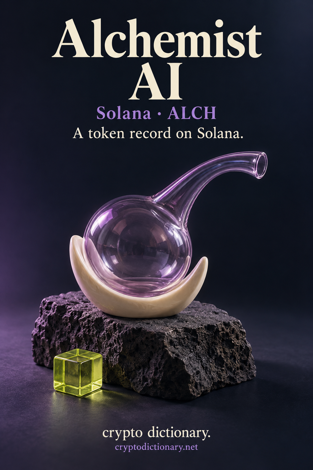Alchemist AI token record on Solana, illustrated by empty lilac glass retort-shaped glassware in an ivory cradle with a lime cube on basalt.