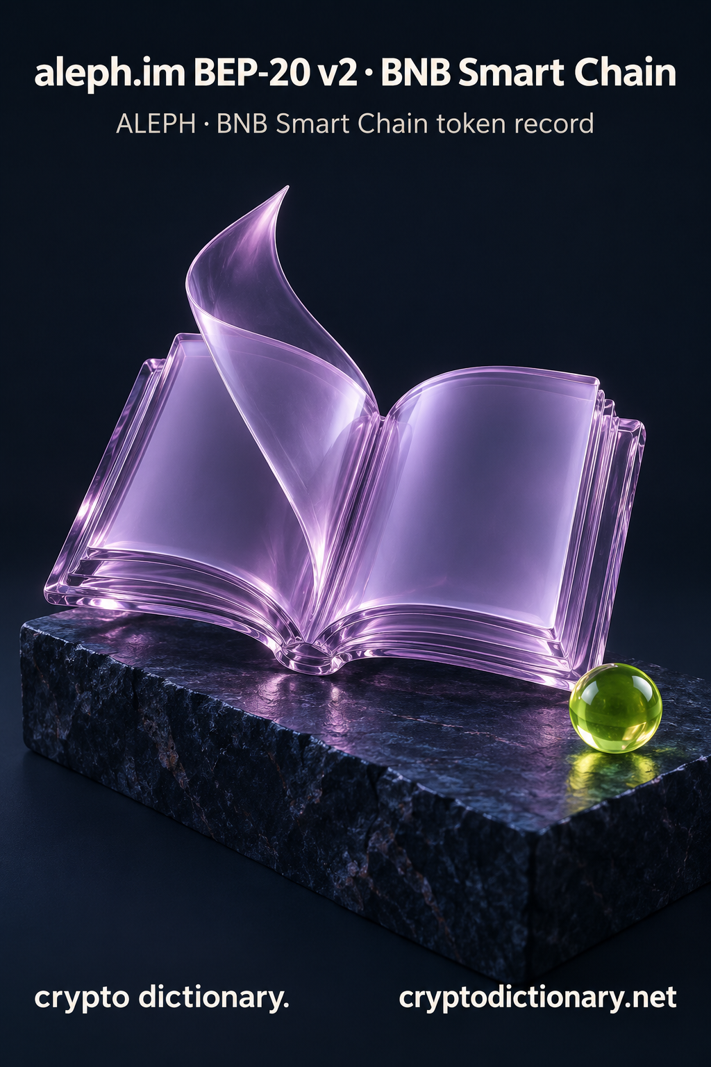 aleph.im BEP-20 v2 · BNB Smart Chain — original lilac glass name-inspired sculpture with accurate token record caption.