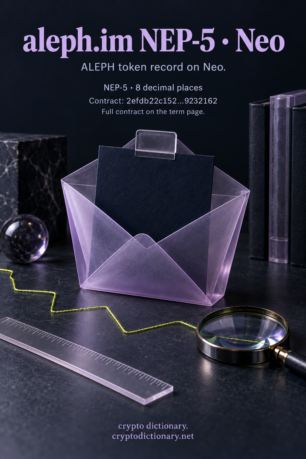 A translucent folded archival envelope and a public contract label identify the ALEPH NEP-5 token record on Neo.