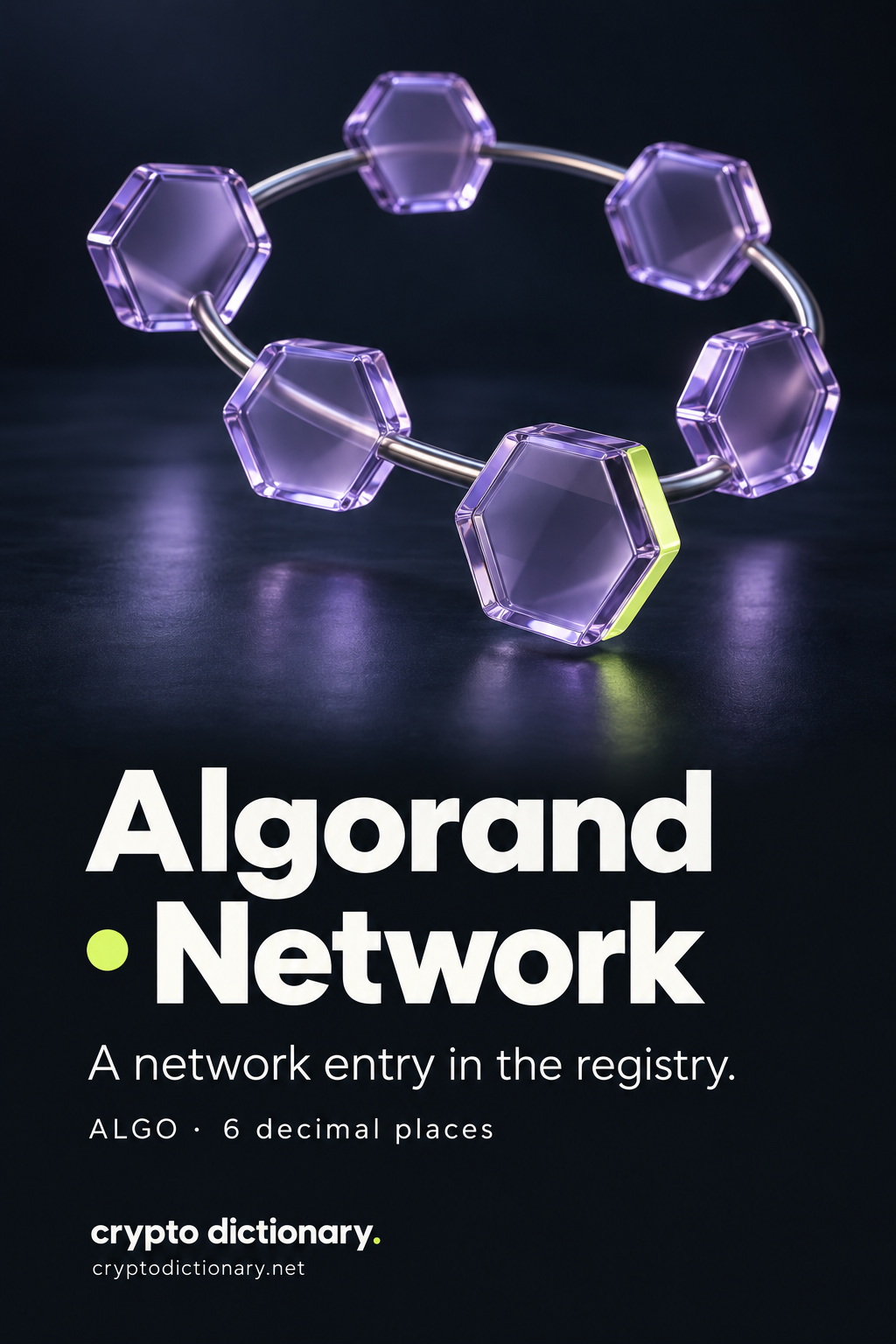 Six plain lilac hexagonal glass discs on a curved rail form an abstract network catalogue sculpture above the Algorand · Network title.