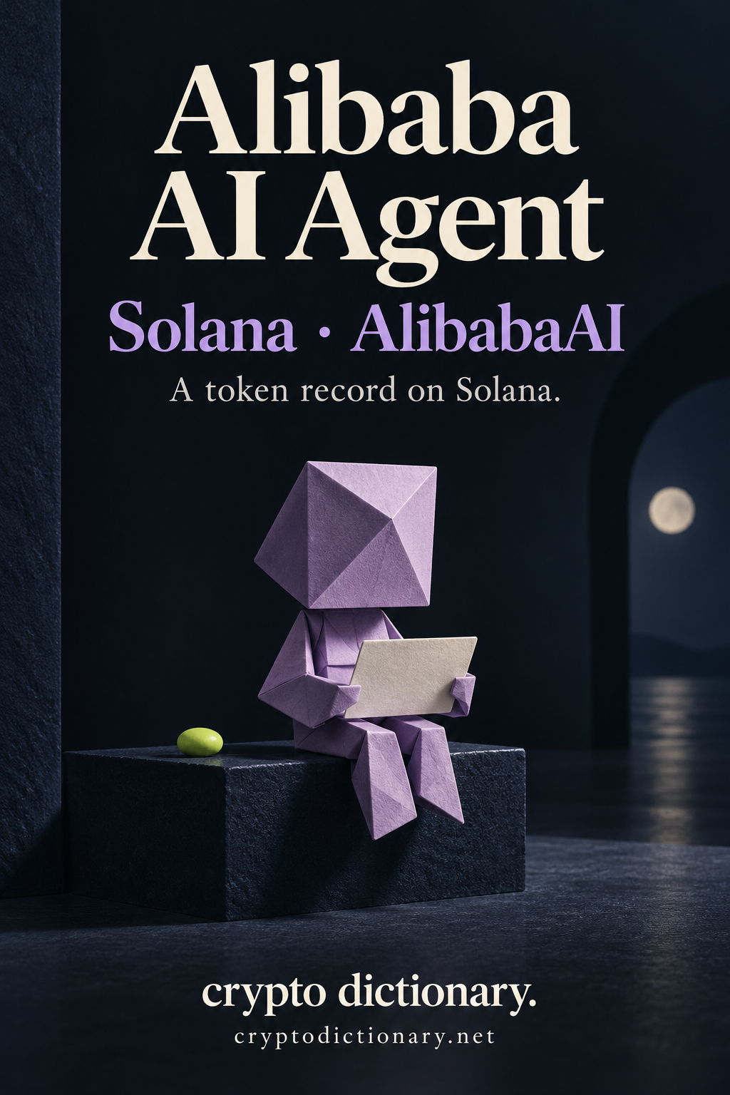 Alibaba AI Agent, Solana · AlibabaAI, above a lilac folded ceramic faceless agent figure seated on a navy block holding a blank ivory registry tab, with a lime pebble and Crypto Dictionary footer.