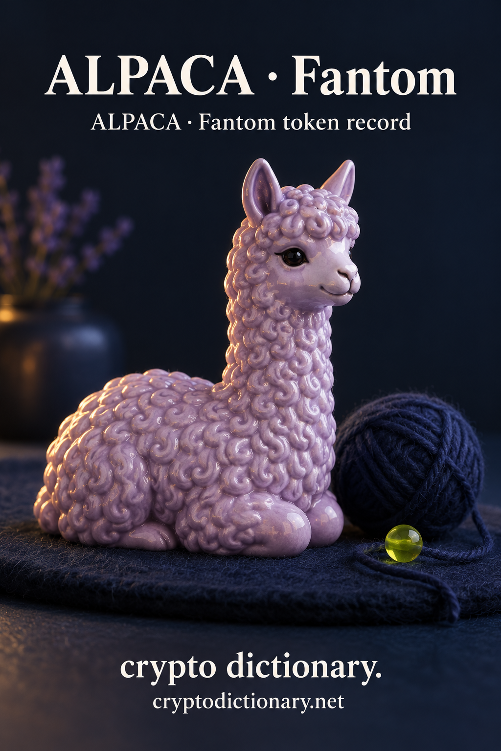 A lilac ceramic alpaca rests on a navy felt mat beside a navy yarn ball and lime bead; ALPACA · Fantom token registry artwork.