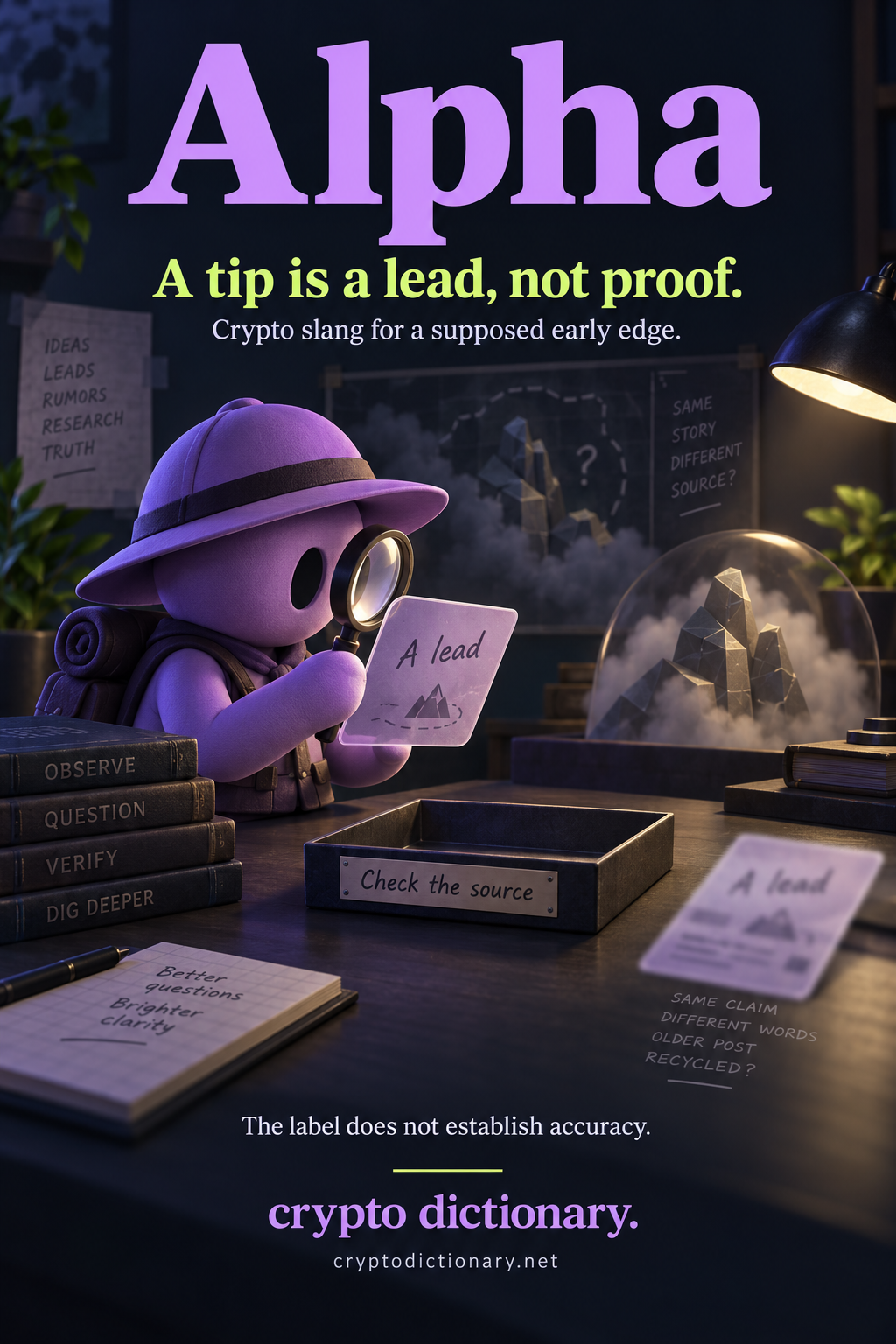 Alpha: a lilac scout checks a supposed lead through a lens beside an empty evidence tray and a blurred recycled card.