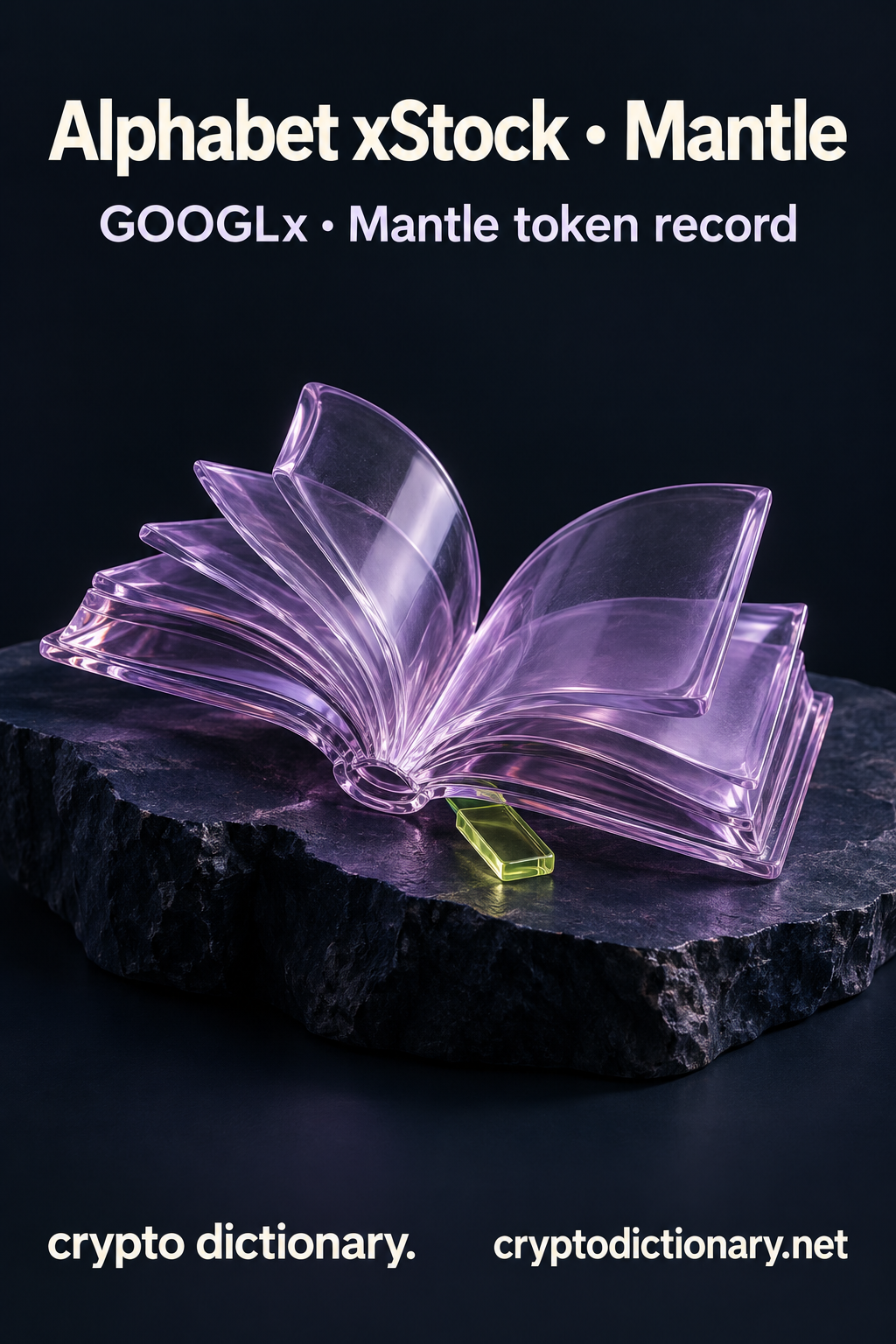 Alphabet xStock · Mantle — original lilac glass name-inspired sculpture with accurate GOOGLx token record caption.