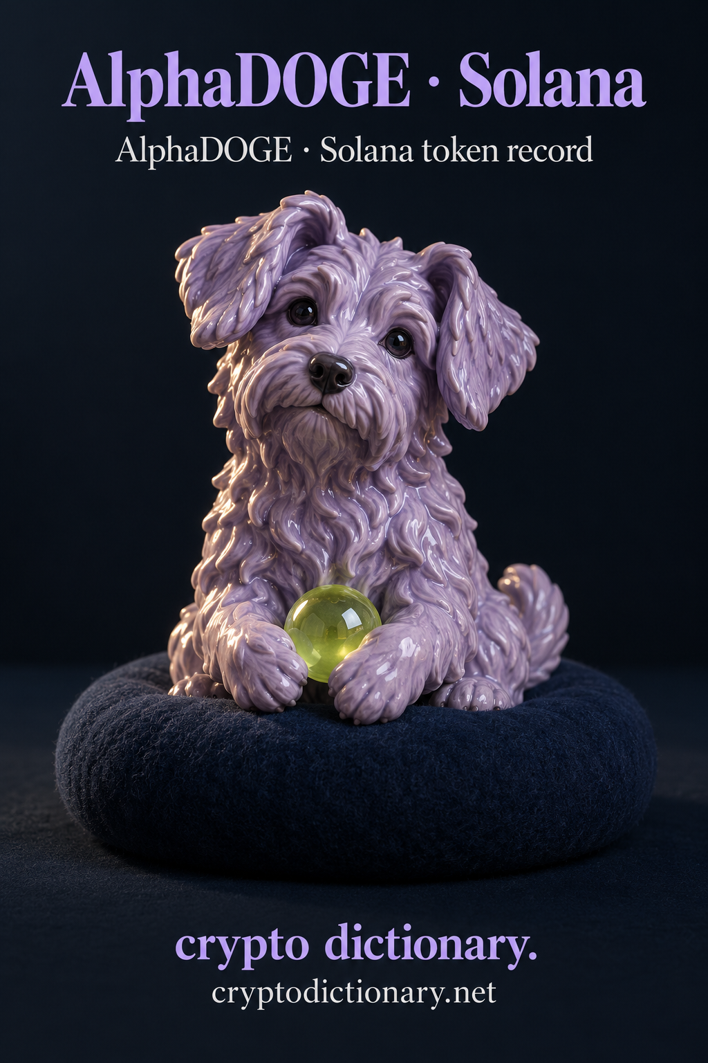 AlphaDOGE · Solana — original navy, lilac and lime sculptural token-registry illustration.