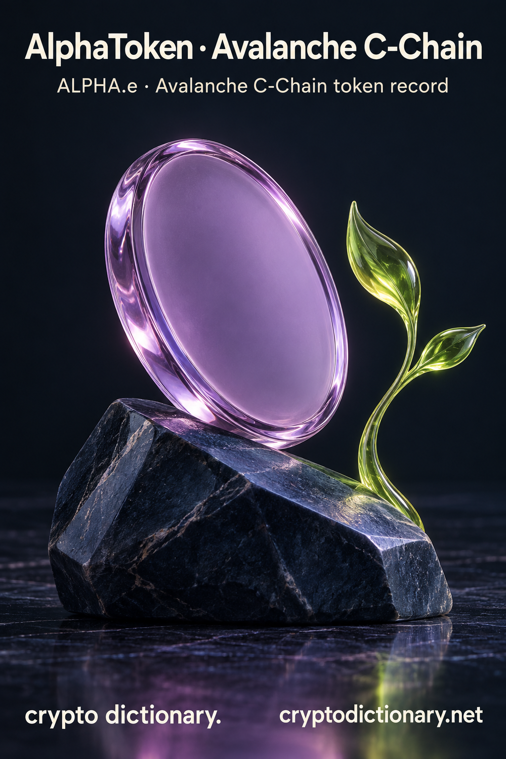 AlphaToken · Avalanche C-Chain — original lilac glass name-inspired sculpture with accurate token record caption.