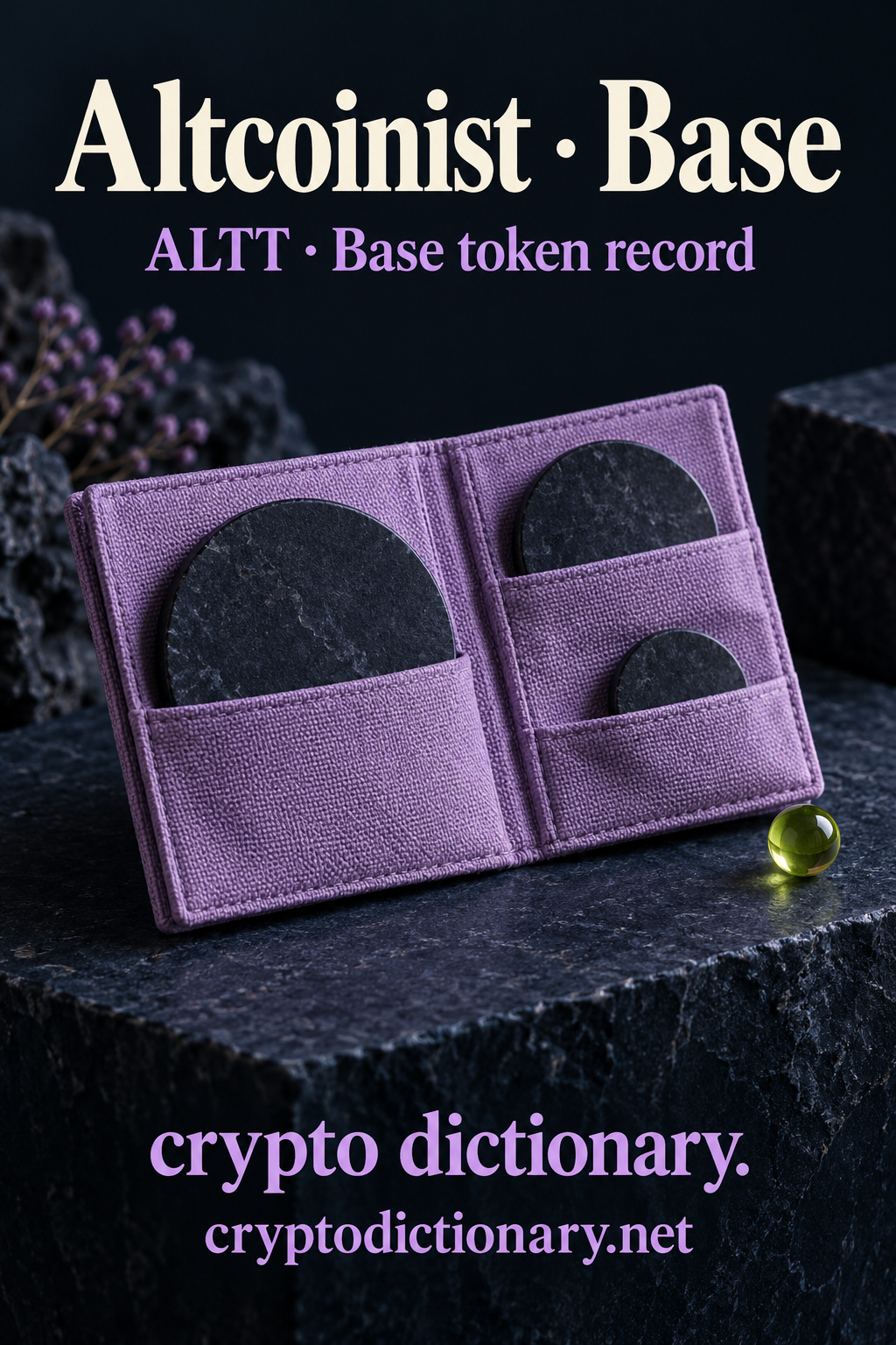 A lilac woven collector portfolio holding three blank navy stone discs beside a lime bead, beneath Altcoinist · Base.