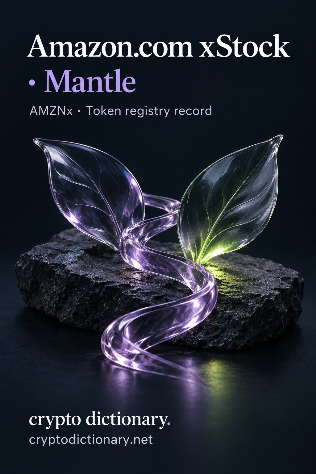 Amazon.com xStock · Mantle registry artwork featuring two lilac glass leaves and a winding glass ribbon on stone, with exact AMZNx caption.