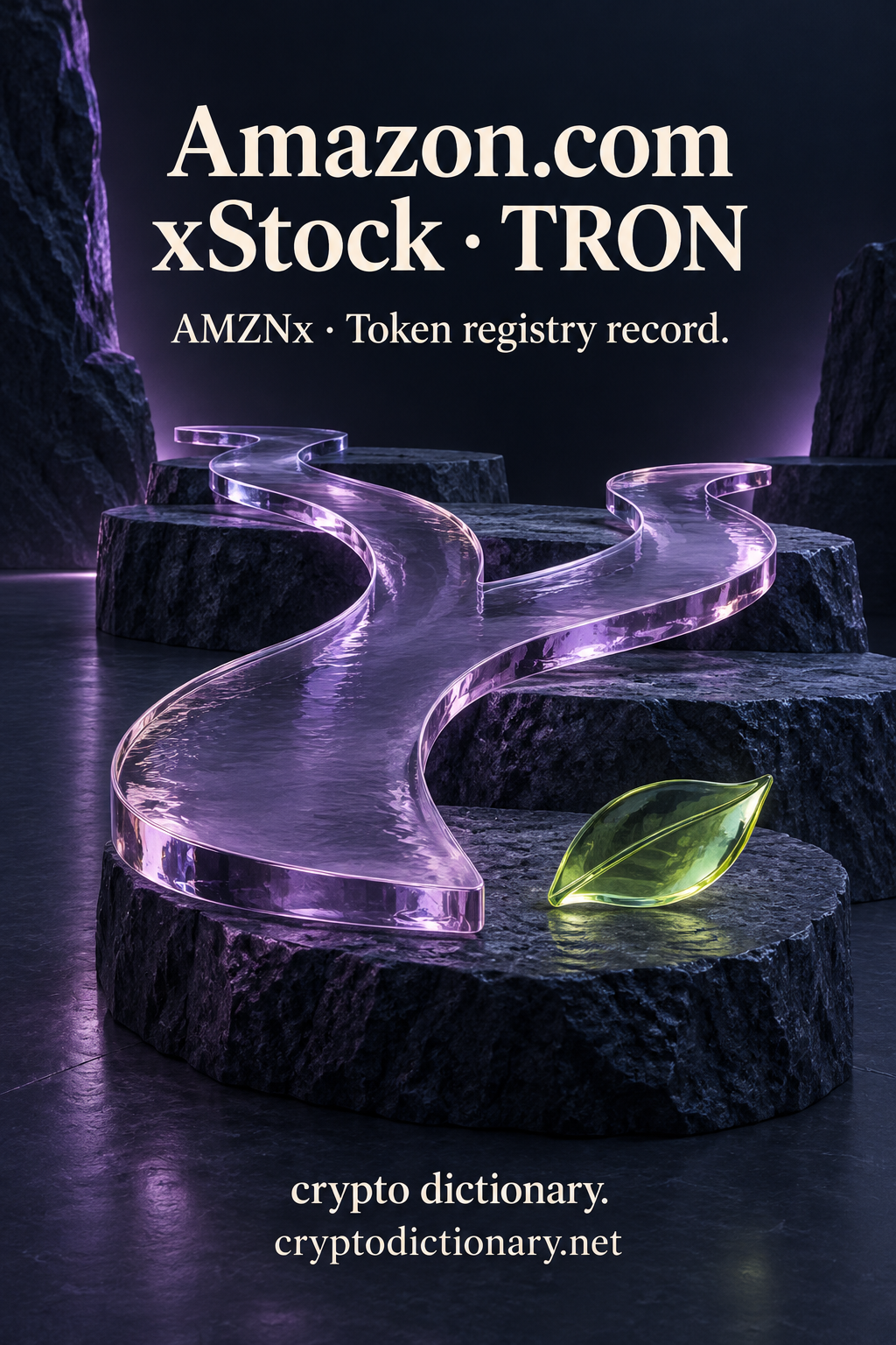 Amazon.com xStock on TRON illustrated by an original abstract lilac glass river delta over dark stone terraces beside a lime leaf, with neutral AMZNx registry caption.