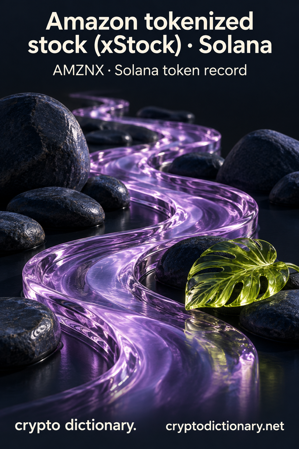 Amazon tokenized stock (xStock) · Solana — original lilac glass name-inspired sculpture with accurate token record caption.
